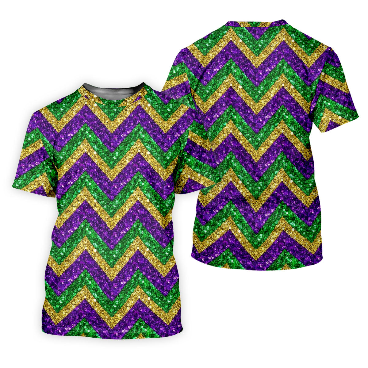 Mardi Gras Purple Gold Green Zigzag Pattern Glitter Print Women's Golf Tops, Women's Golf Shirts, Ladies Golf Polos