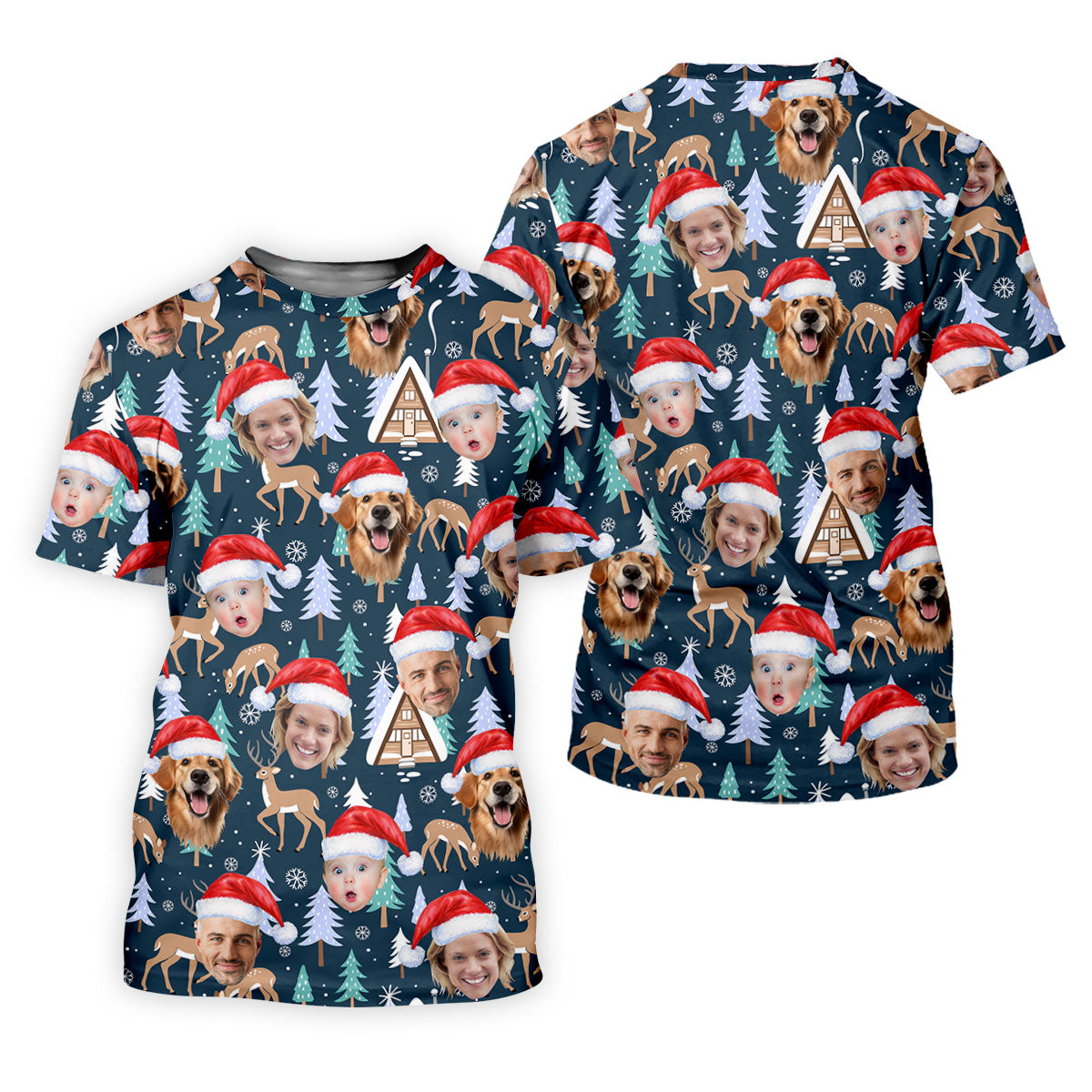 Custom Face Pine Tree Reindeer Dark Teal Green Christmas Golf Shirt, Golf Gifts For Women