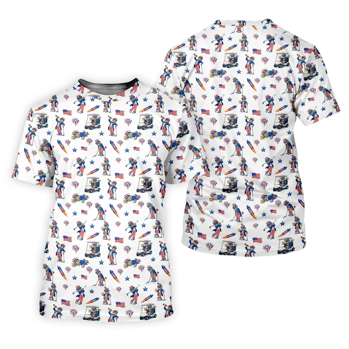 Patriotic Man Golf And Beer Funny 4th Of July White Golf Shirt, 250 Years Seamless Pattern Women's Golf Tops