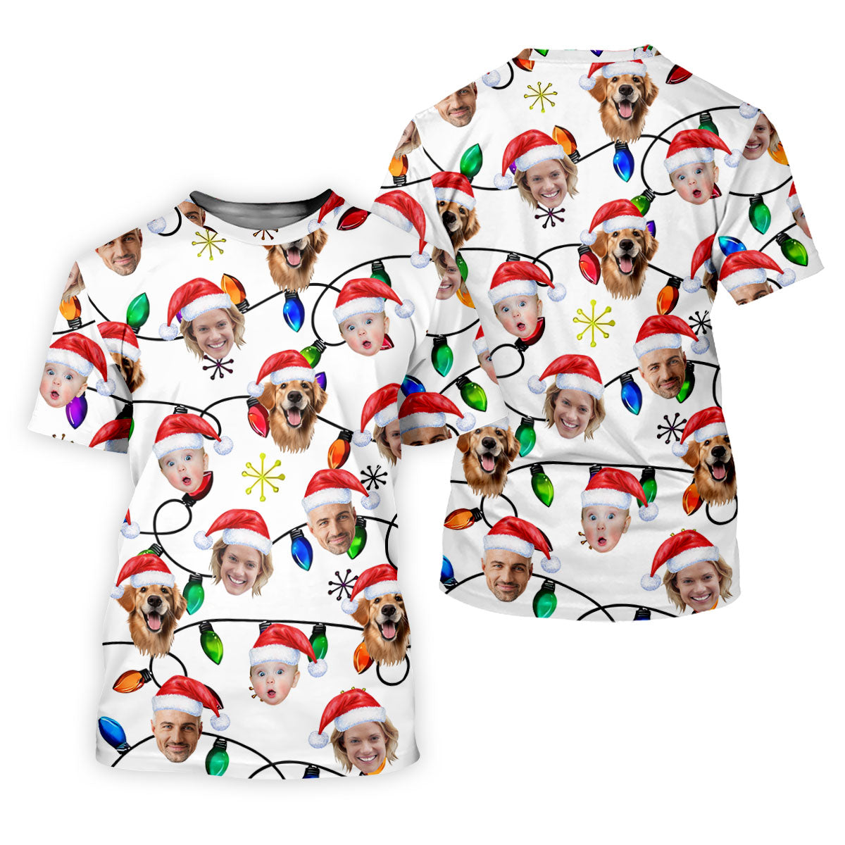 Custom Family Portrait Christmas Lights Pattern Women Golf Top, Christmas Golf Shirt, Ladies Golf Tops