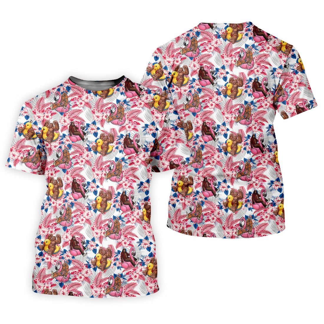 Funny Bigfoot Pool Party Hawaiian Golf Shirt, Red White Blue Tropical Flamingo Golf Shirt For Women