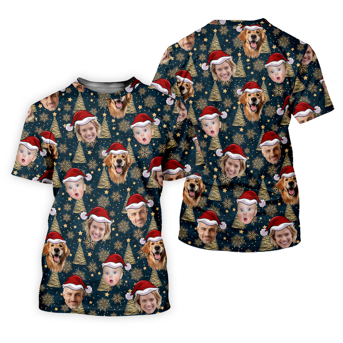 Custom Face Dark Blue And Gold Christmas Women's Golf Tops, Ladies Golf Shirts, Christmas Golf Gift