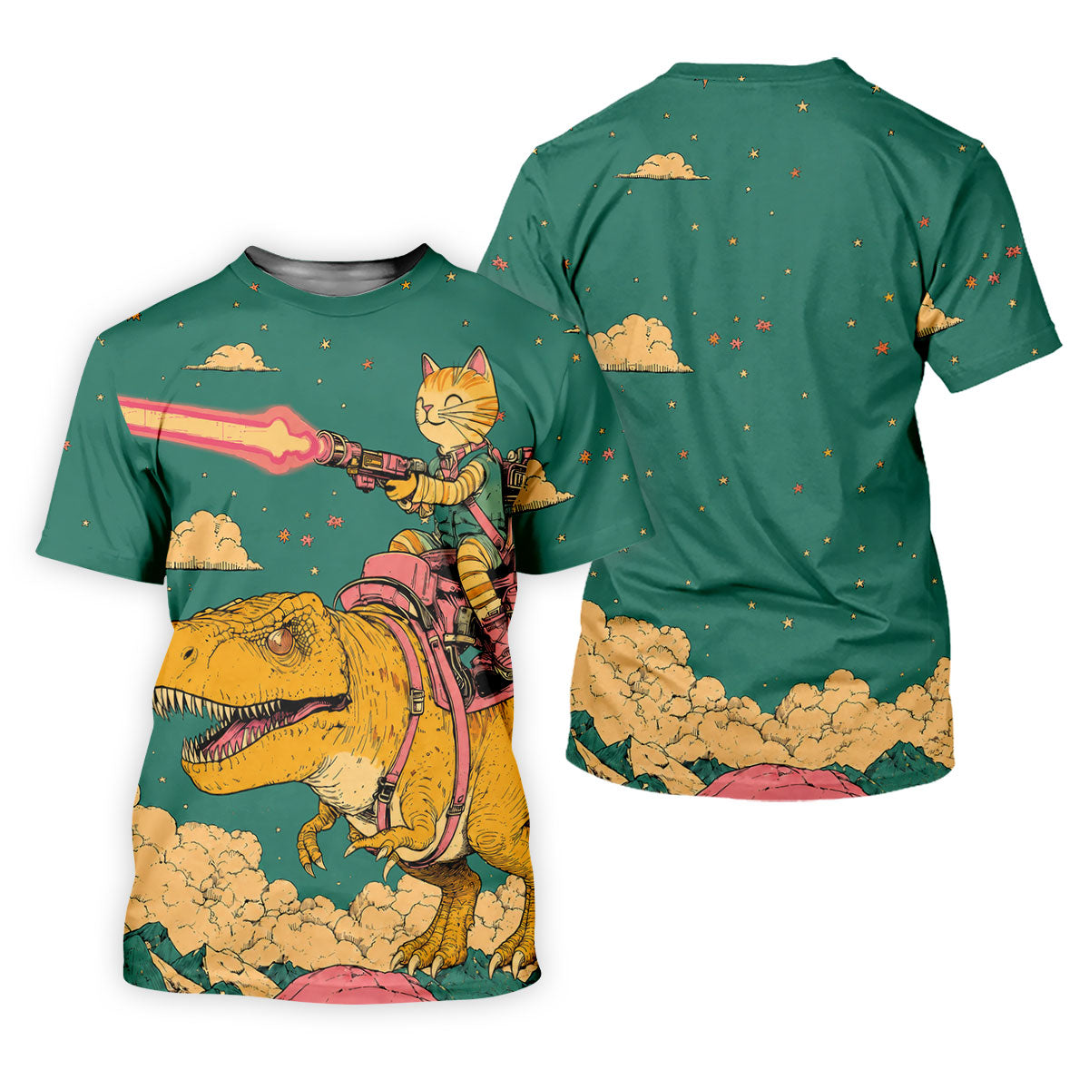 Laser Cat Dinosaur Golf Shirt, Retro Sci Fi T Rex Adventure Pattern, Golf Shirt For Women