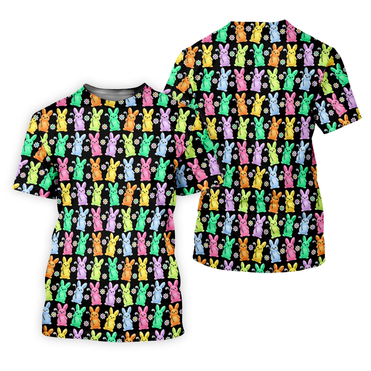Colorful Easter Bunny Black Golf Shirt, Cute Golf Outfit, Women's Golf Tops, Ladies Golf Shirts