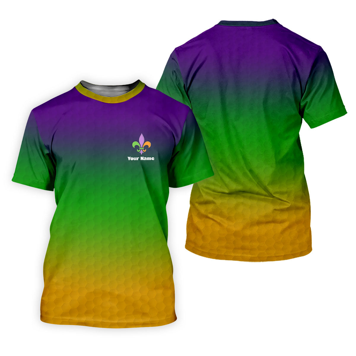 Mardi Gras Purple Gold Green Blended Color Golf Ball Pattern Women's Golf Tops, Women's Golf Shirts, Ladies Golf Polos