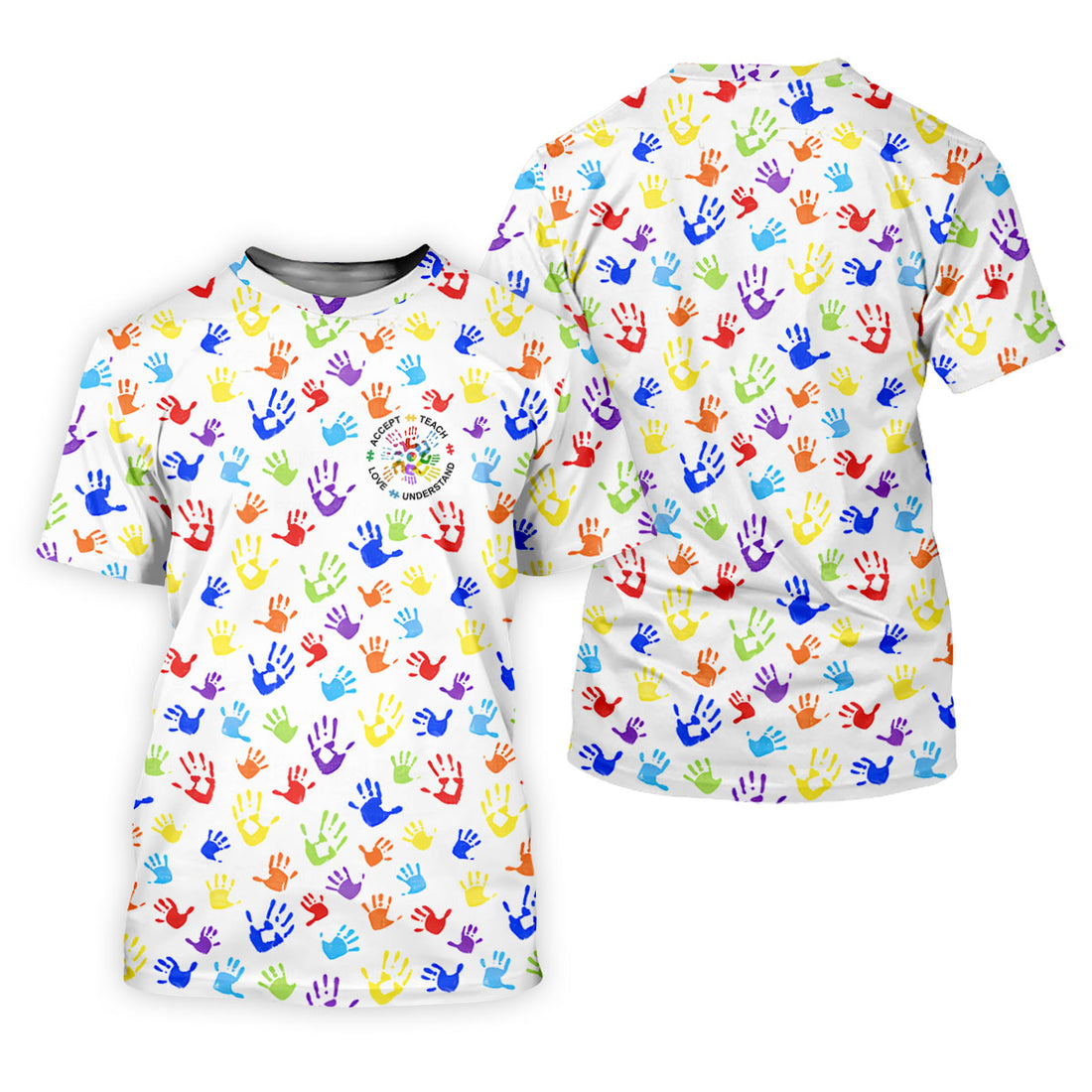 Accept Teach Understand Love Autism Awareness Colorful Handprint White Golf Shirt, Women's Golf Tops