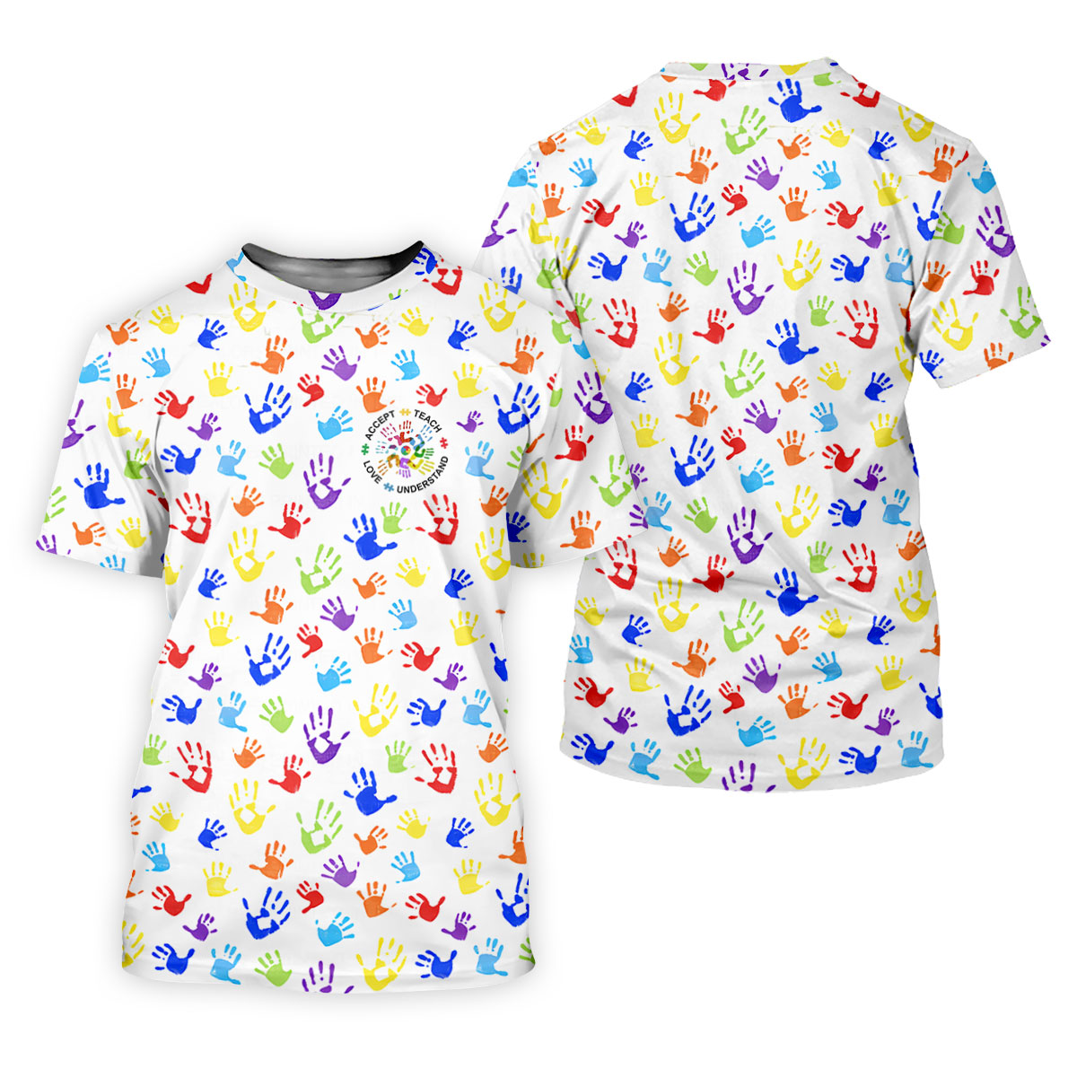Accept Teach Understand Love Autism Awareness Colorful Handprint White Golf Shirt, Women's Golf Tops