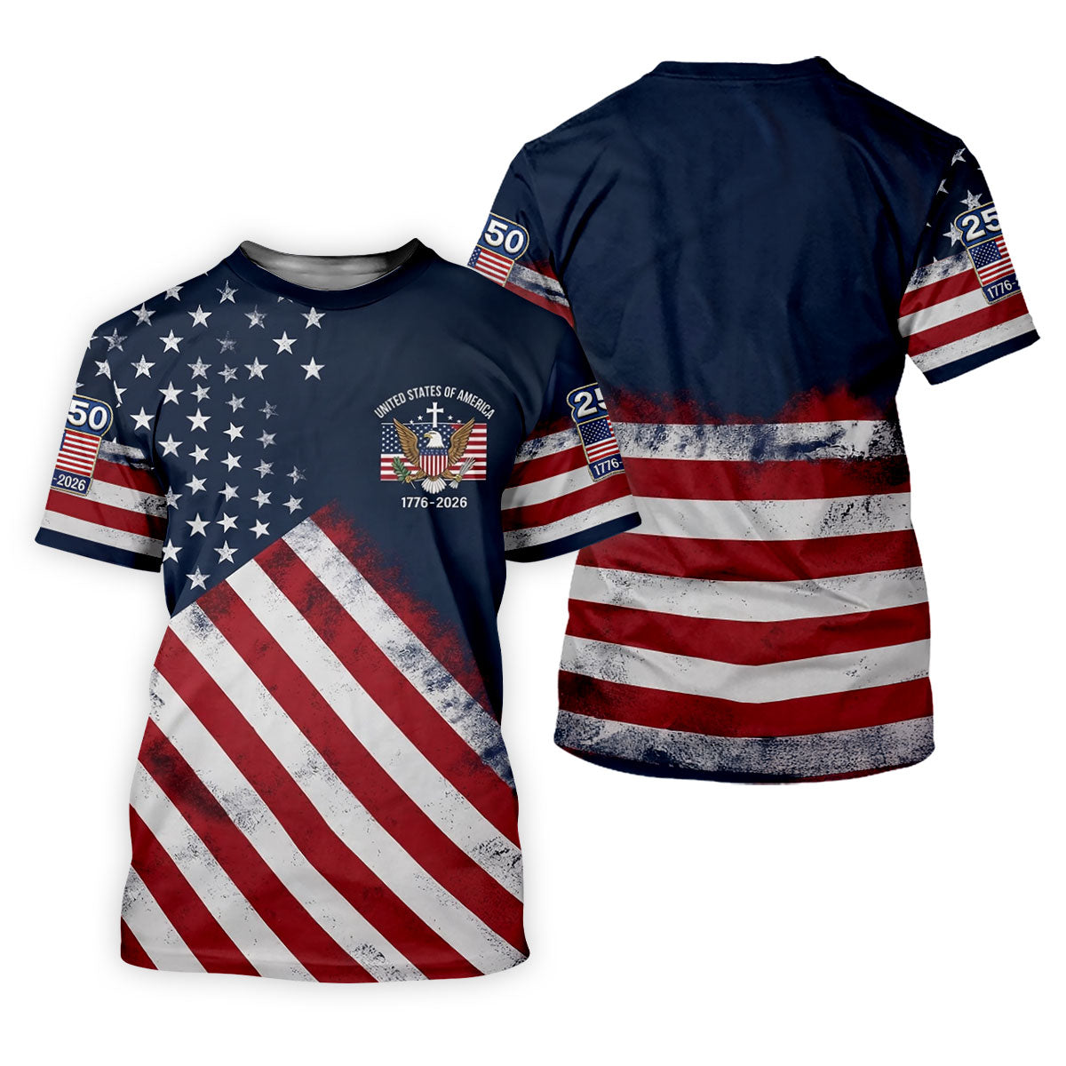 US Bald Eagle Distressed Flag 250 Faith Cross Ladies Golf Tops, Patriotic 4th Of July Golf Shirt For Women
