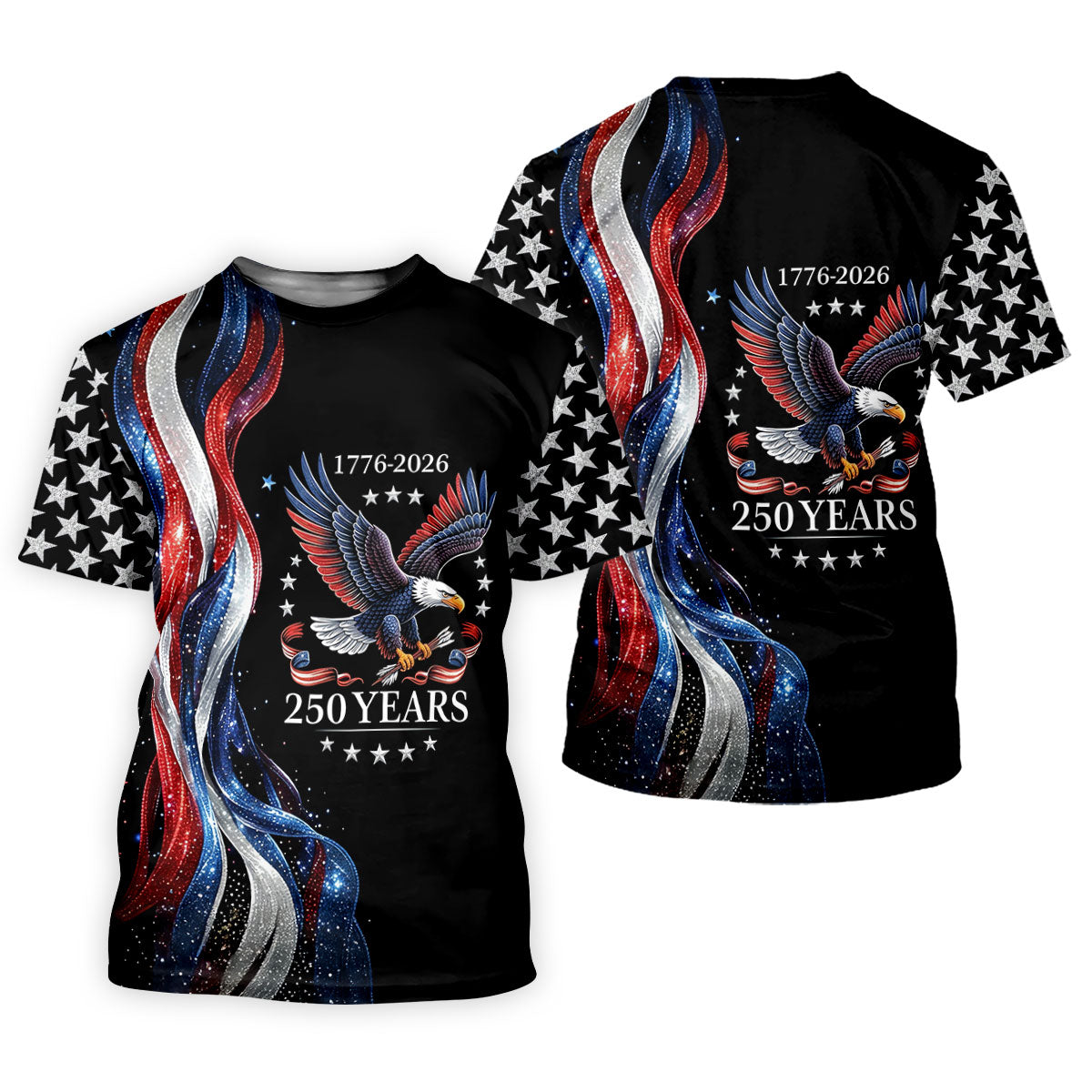 Bald Eagle Red White Blue Wavy Stripes Patriotic Golf Shirt, 250 Years 4th Of July Golf Shirts For Men