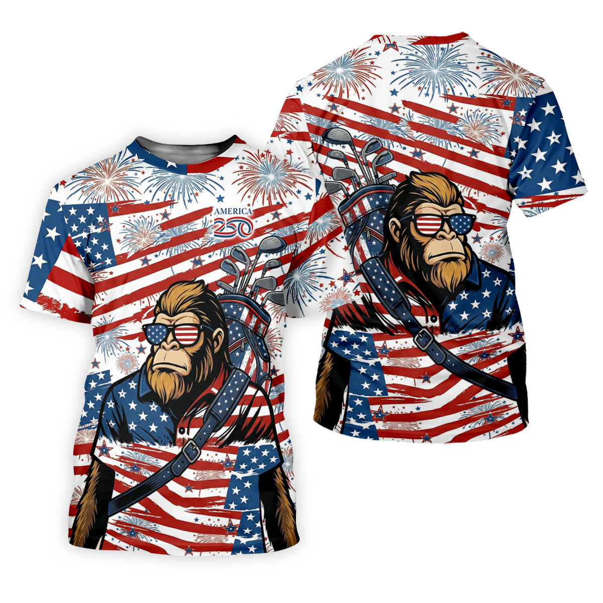 Red White Blue Stars And Stripes 250 Years Bigfoot Golf Shirt, Patriotic 4th Of July Golf Shirts For Men