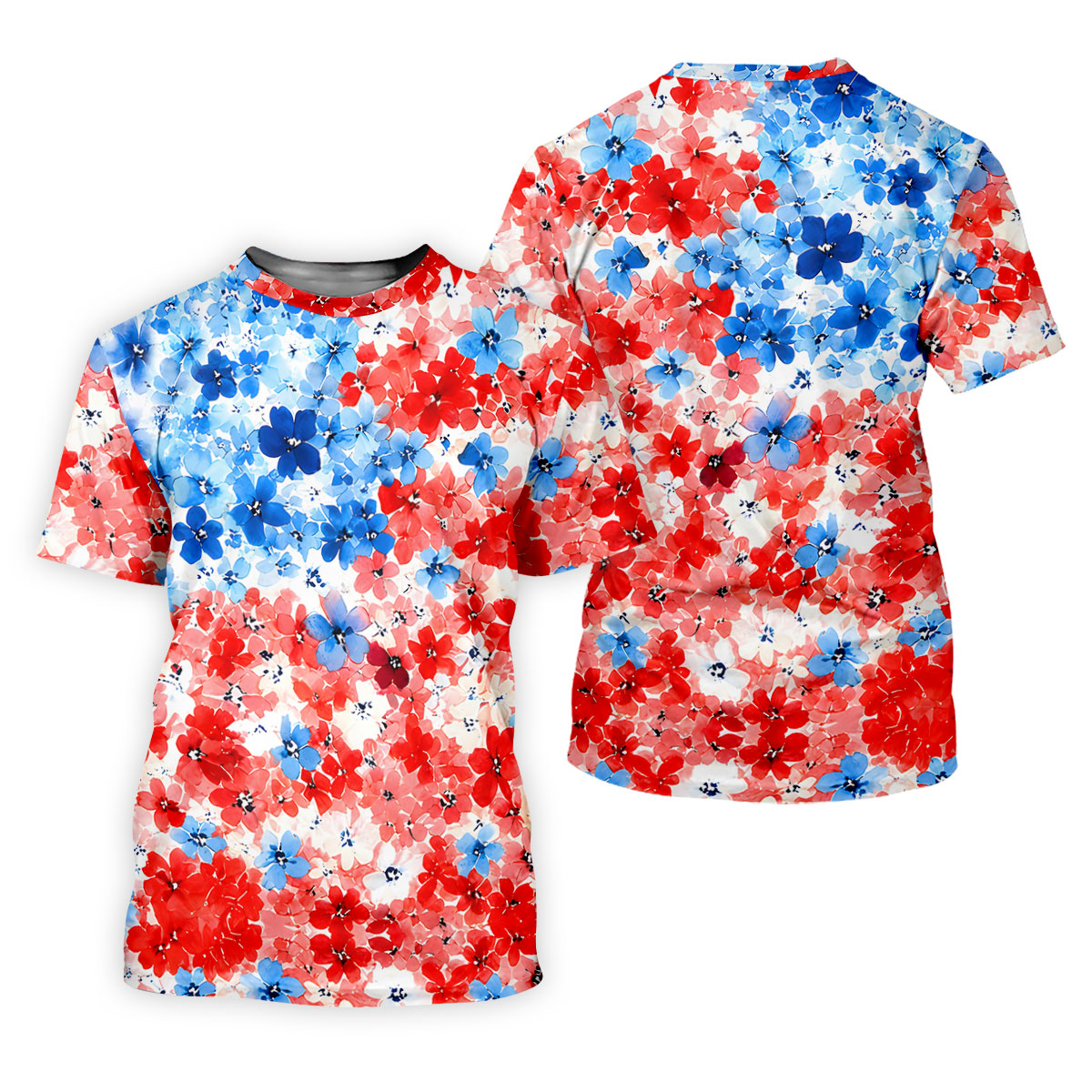 Patriotic Floral Golf Shirt, Red White Blue Blossom Pattern, Golf Shirt For Men