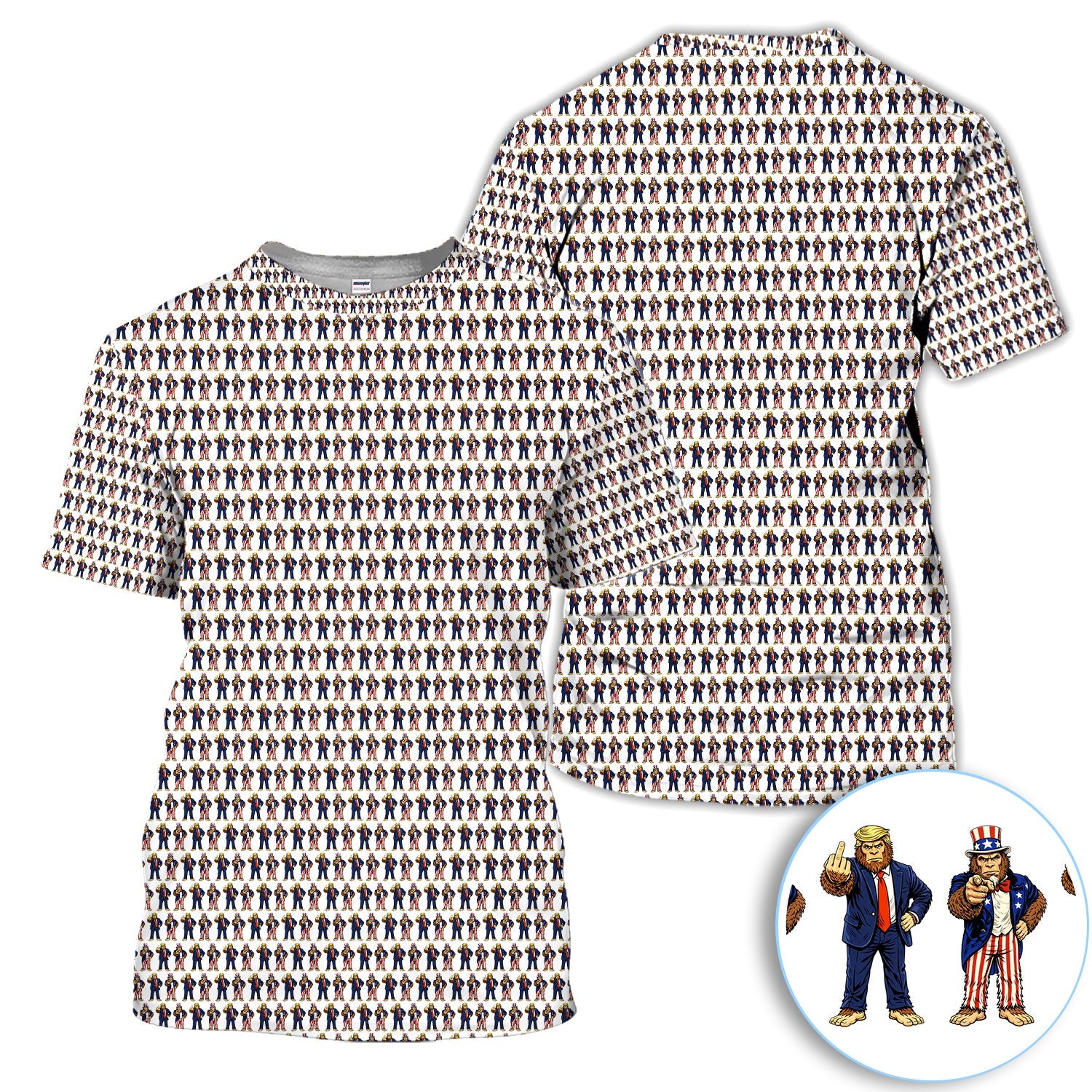 Funny Patriotic Bigfoot Polo Shirt, Trump & Uncle Sam Sasquatch Pattern Shirt, 4th of July Golf Gift For Men