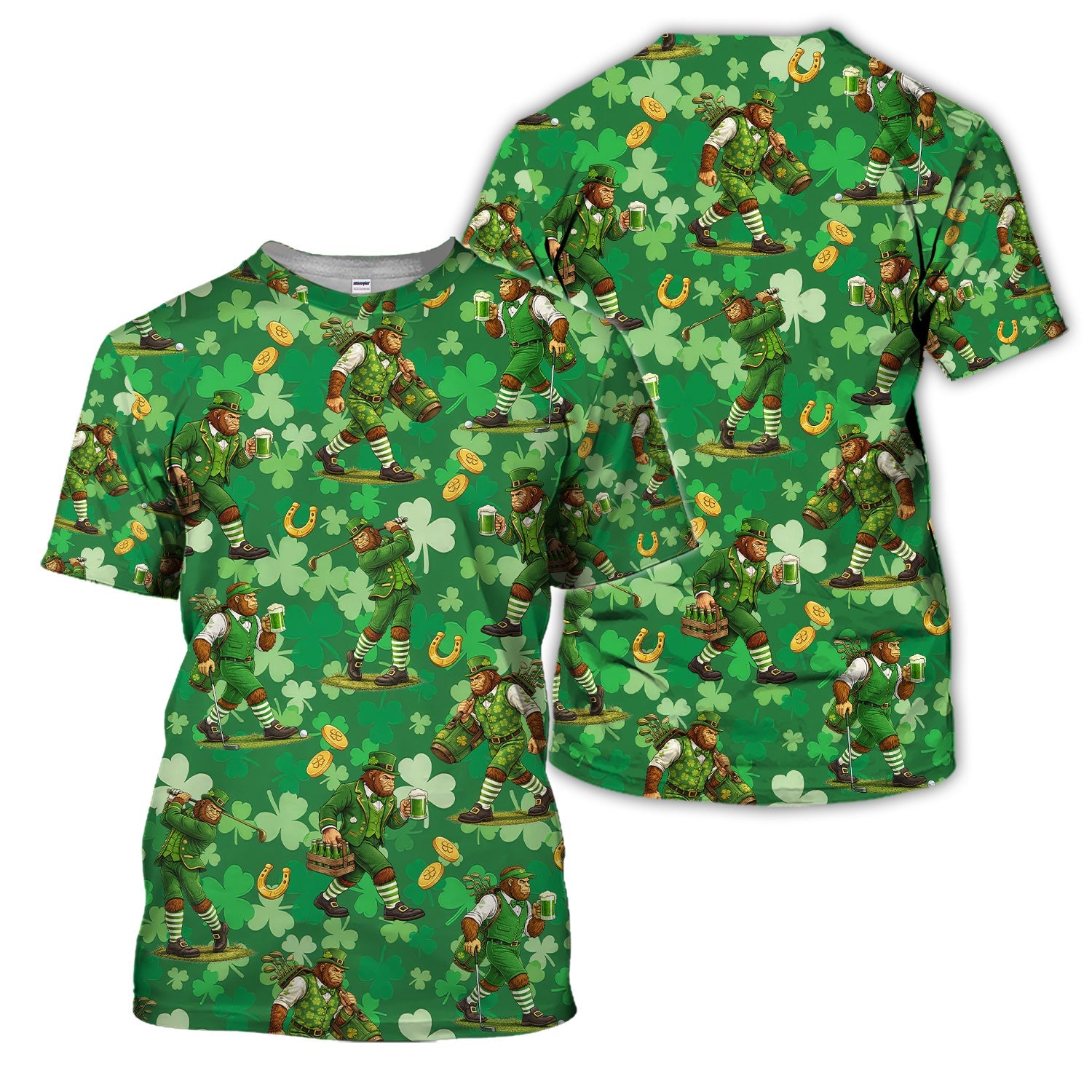 St. Patrick’s Day Bigfoot Leprechaun Golf Polos, Funny Irish Green Golf Shirt For Golfer, Golf Gift For Men