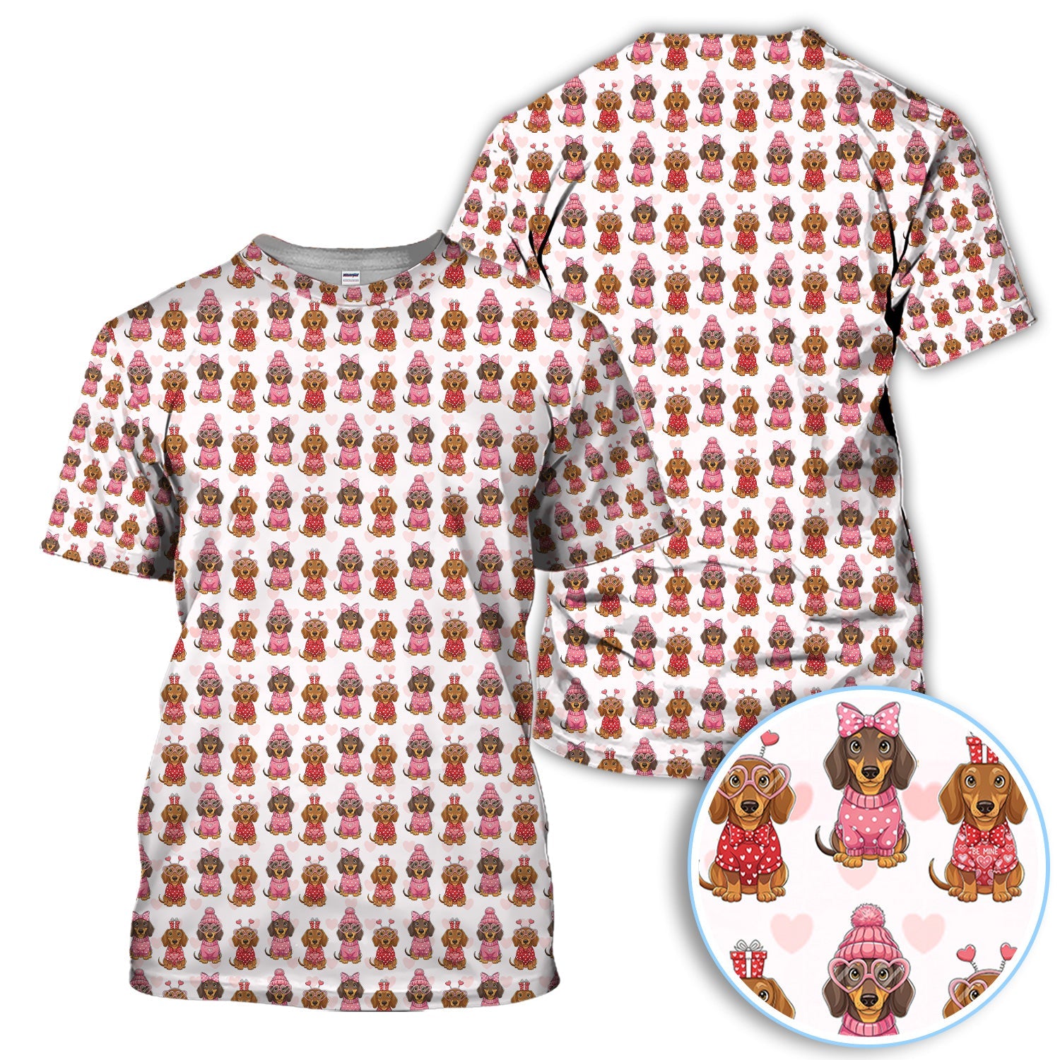 Valentine Dachshund Pattern Golf Polos, Wiener Dog Golf Shirt For Men, Crazy Golf Gift For Golfer