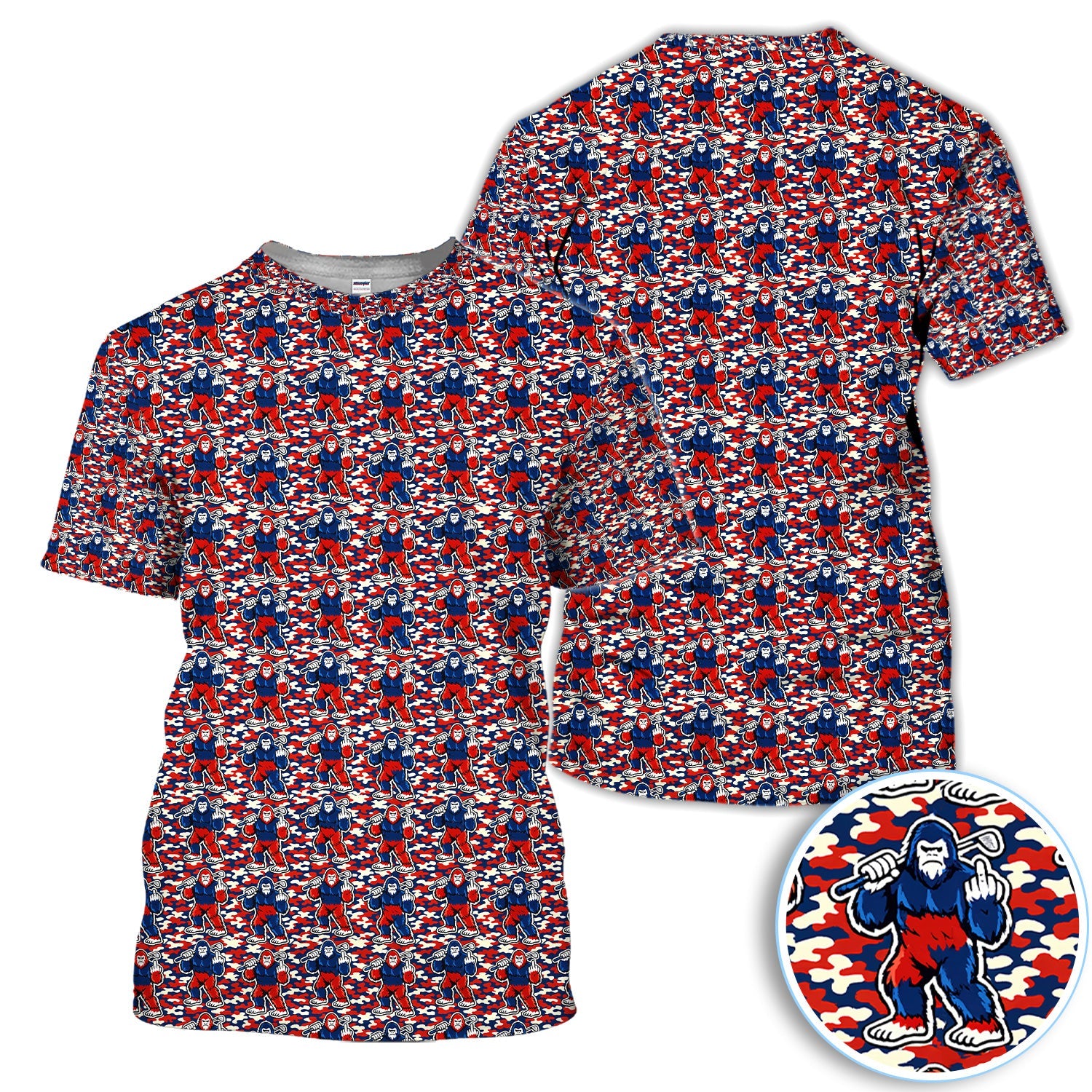 Patriotic Bigfoot Golf Polo Shirt, Red White Blue Camo Sasquatch Pattern Shirt, Funny Golfer Gift For Men
