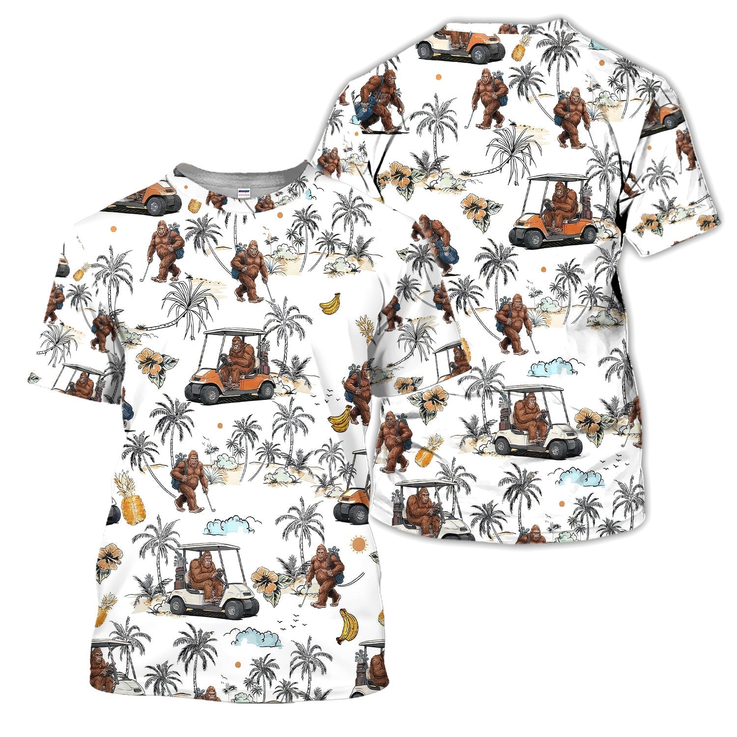 Funny Bigfoot Golf Cart Tropical Pattern Golf Shirt, Sasquatch Golfer Palm Golf Shirt For Men, Golfer Gift