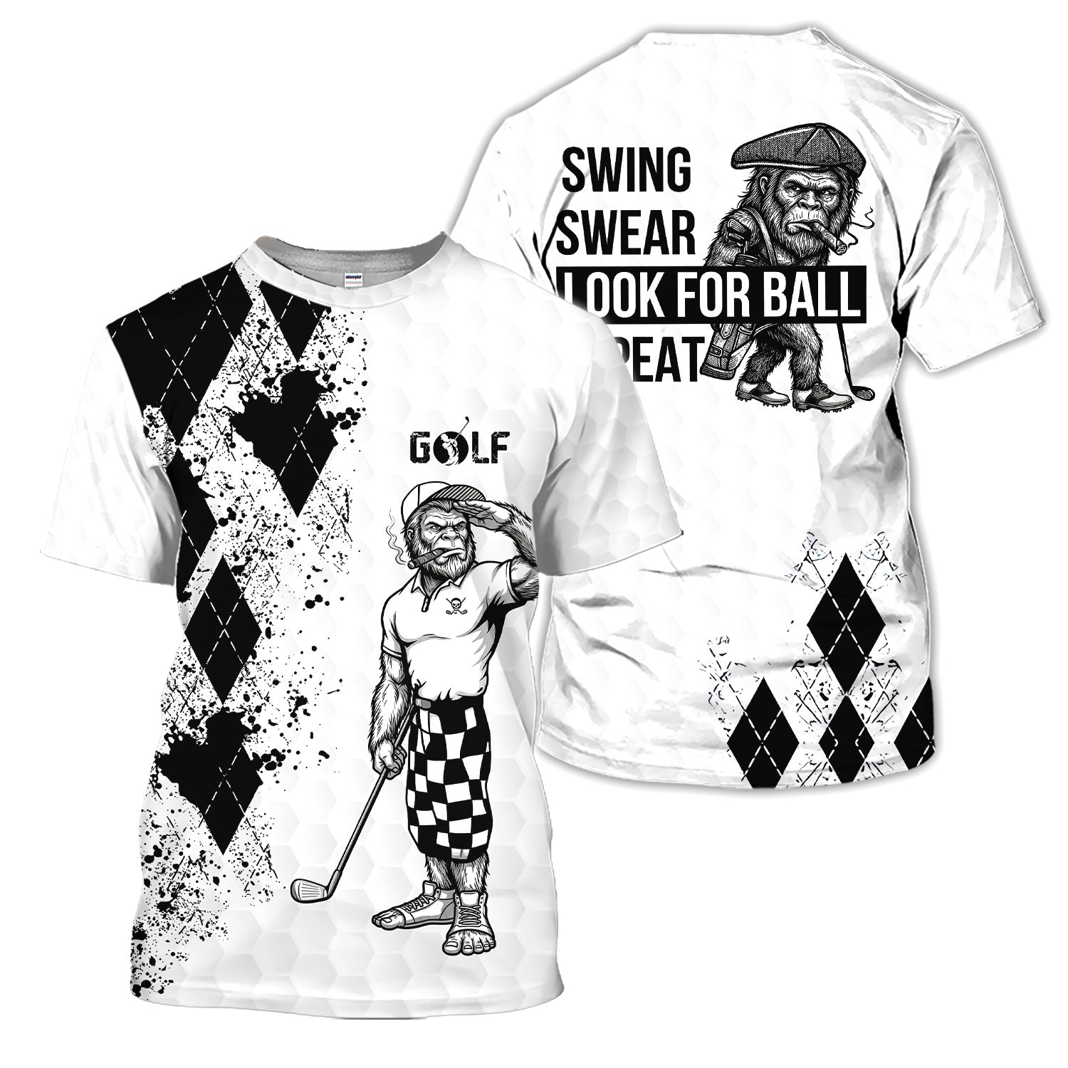 Funny Bigfoot Golfer Polo Shirt, Swing Swear Repeat Graphic Polo For Men, Unique Sasquatch Golf Outfit