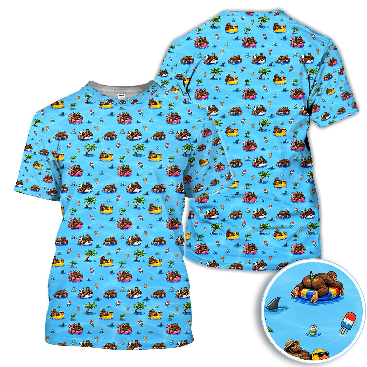 Funny Summer Bigfoot Pool Float Pattern Shirt, Sasquatch Beach Party Golf Polo Shirt For Men, Vacation Golf Gift