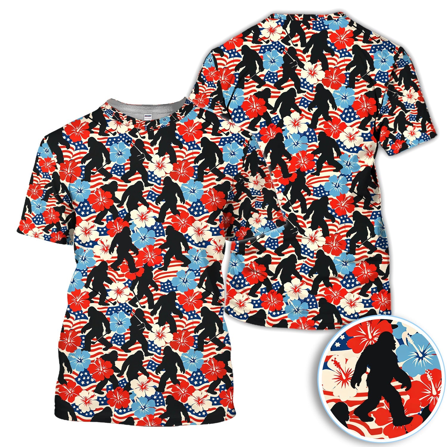 Patriotic Bigfoot USA Flag Floral Golf Pattern Shirt, Sasquatch Golf Shirt For Men, 4th Of July Golfer Gift