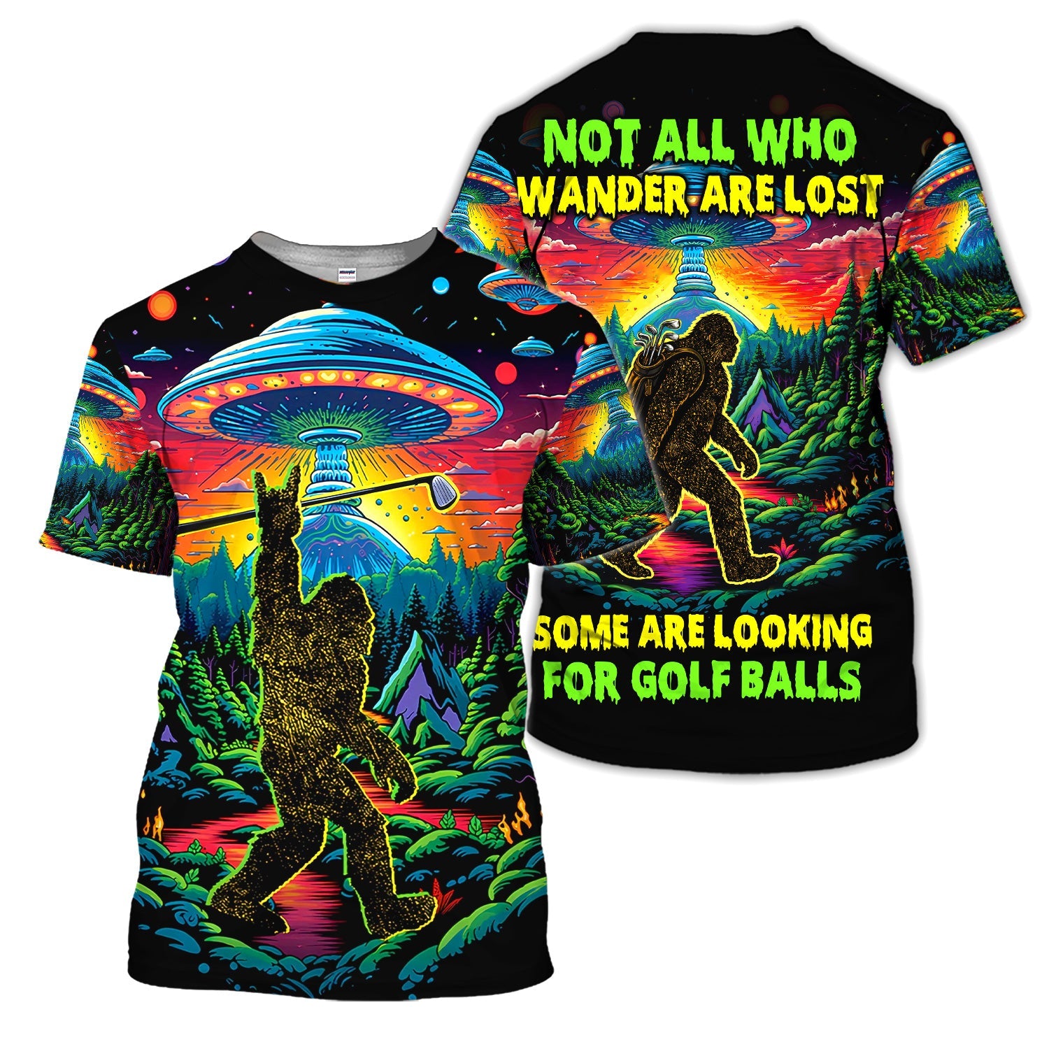 Psychedelic Bigfoot UFO Golf Pattern Shirt, Alien Bigfoot Golf Shirt For Men, Funny Golfer Gift