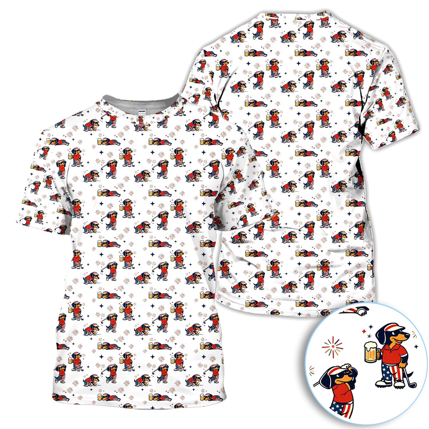 Funny Patriotic Golf Dog Polo Shirt, USA Dachshund Beer & Fireworks Pattern Shirt, 4th of July Golfer Gift For Women