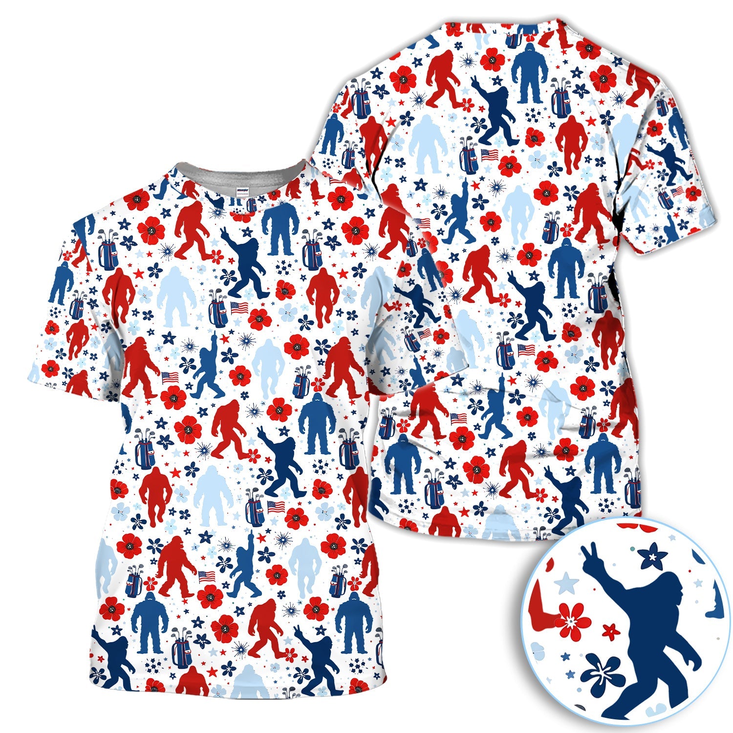 Patriotic Bigfoot Golf Polo Shirt For Men, USA Flag Red Blue White Sasquatch Pattern Golf Shirt