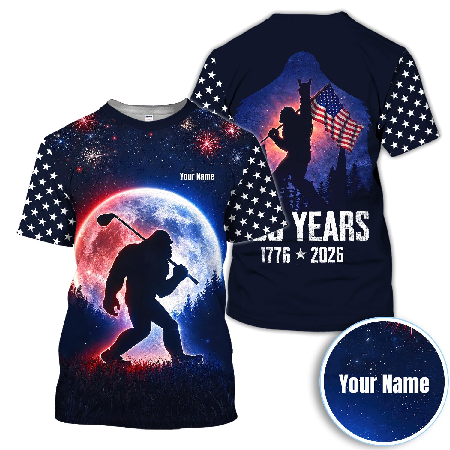 Bigfoot Golfer Patriotic Polo Shirt For Men, Custom Name USA Fireworks Moon Silhouette Sasquatch Golf Shirt