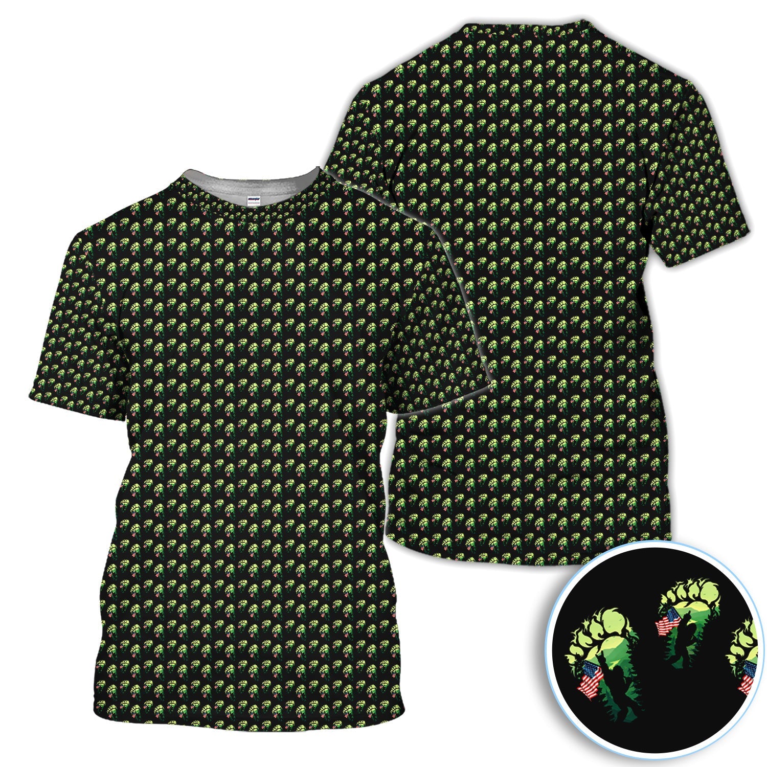 Bigfoot Patriotic Polo Shirt, American Flag Sasquatch Golf Shirt, Funny Bigfoot Footprint Pattern Polo For Men, Unique Gift For Golfer