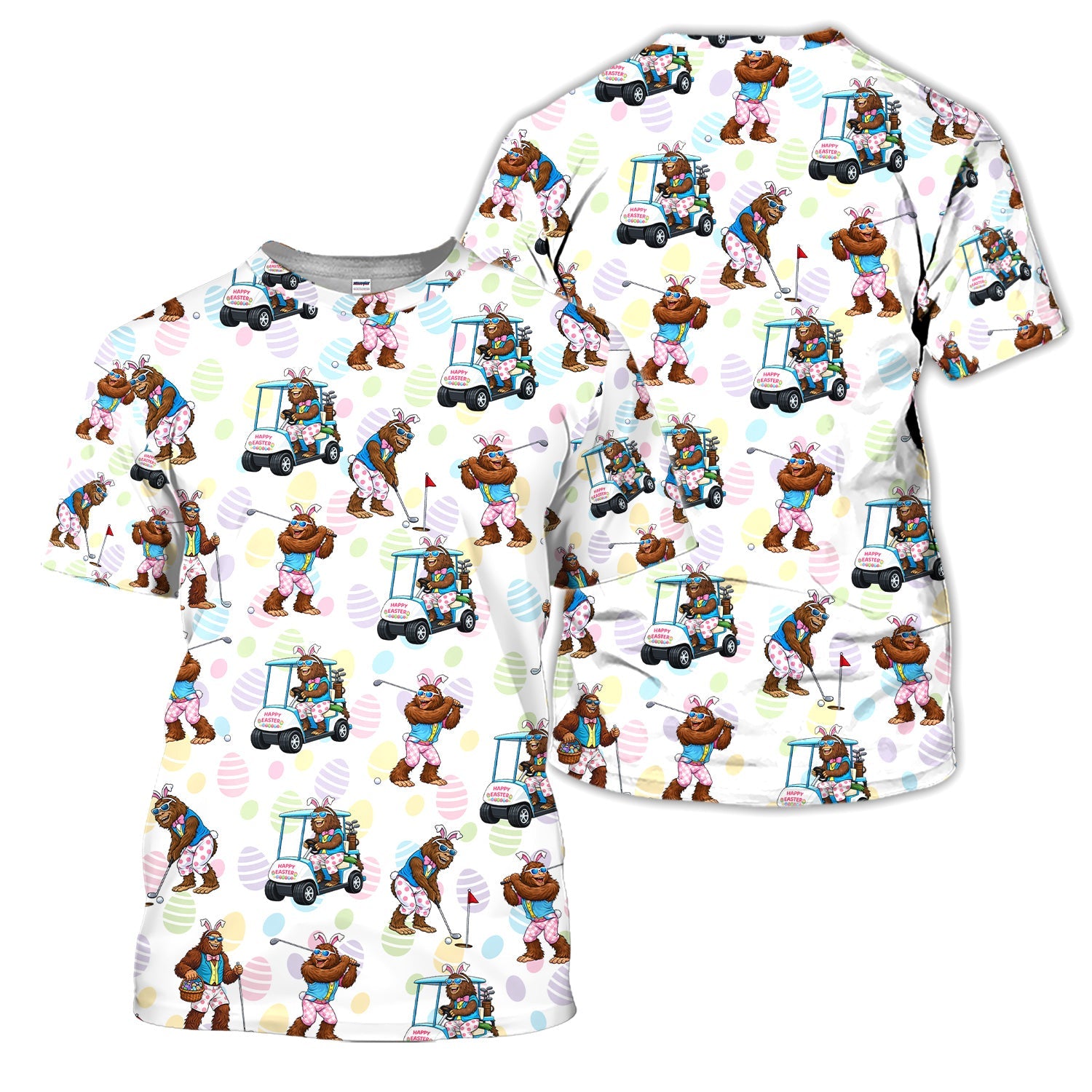 Funny Easter Bigfoot Golf Polo Shirt, Bunny Sasquatch Golfer Shirt, Unique Golf Gift for Men