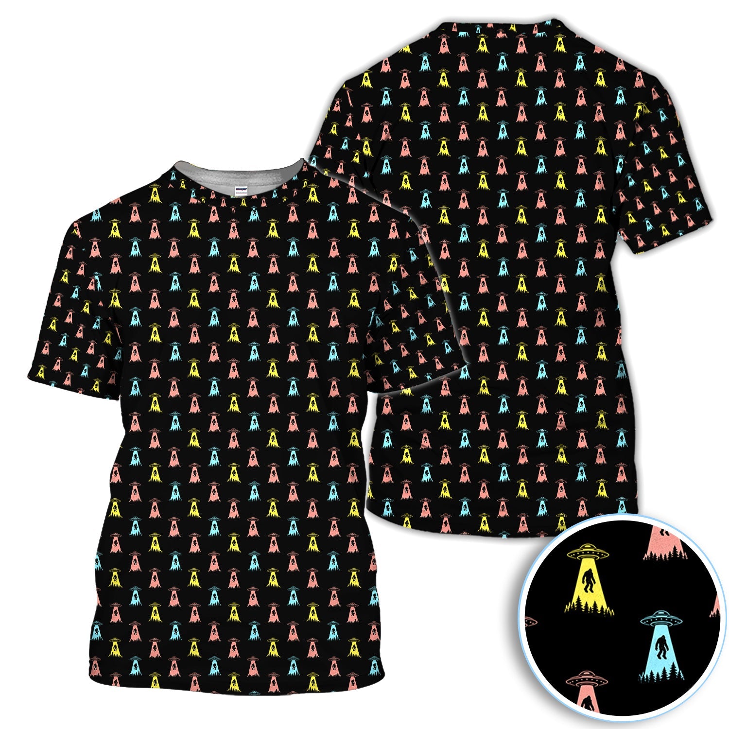 Funny UFO Bigfoot Abduction Pattern Shirt, Alien Sasquatch Golf Polo Shirt For Men, Sci Fi Golf Gift