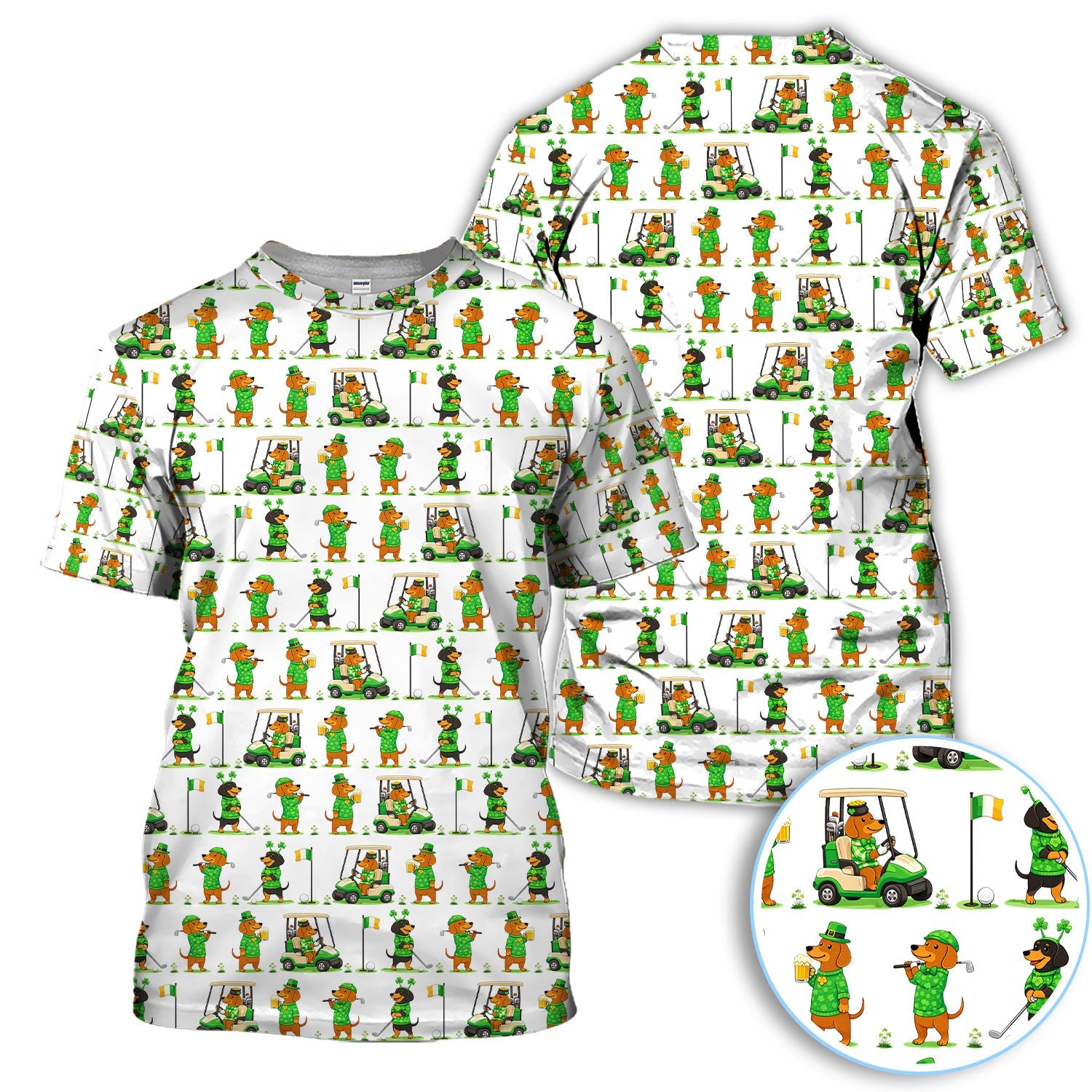 St. Patrick’s Day Dachshund Pattern Golf Polos, Funny Irish Wiener Dog Golf Shirt For Men, Golf Gift For Golfer