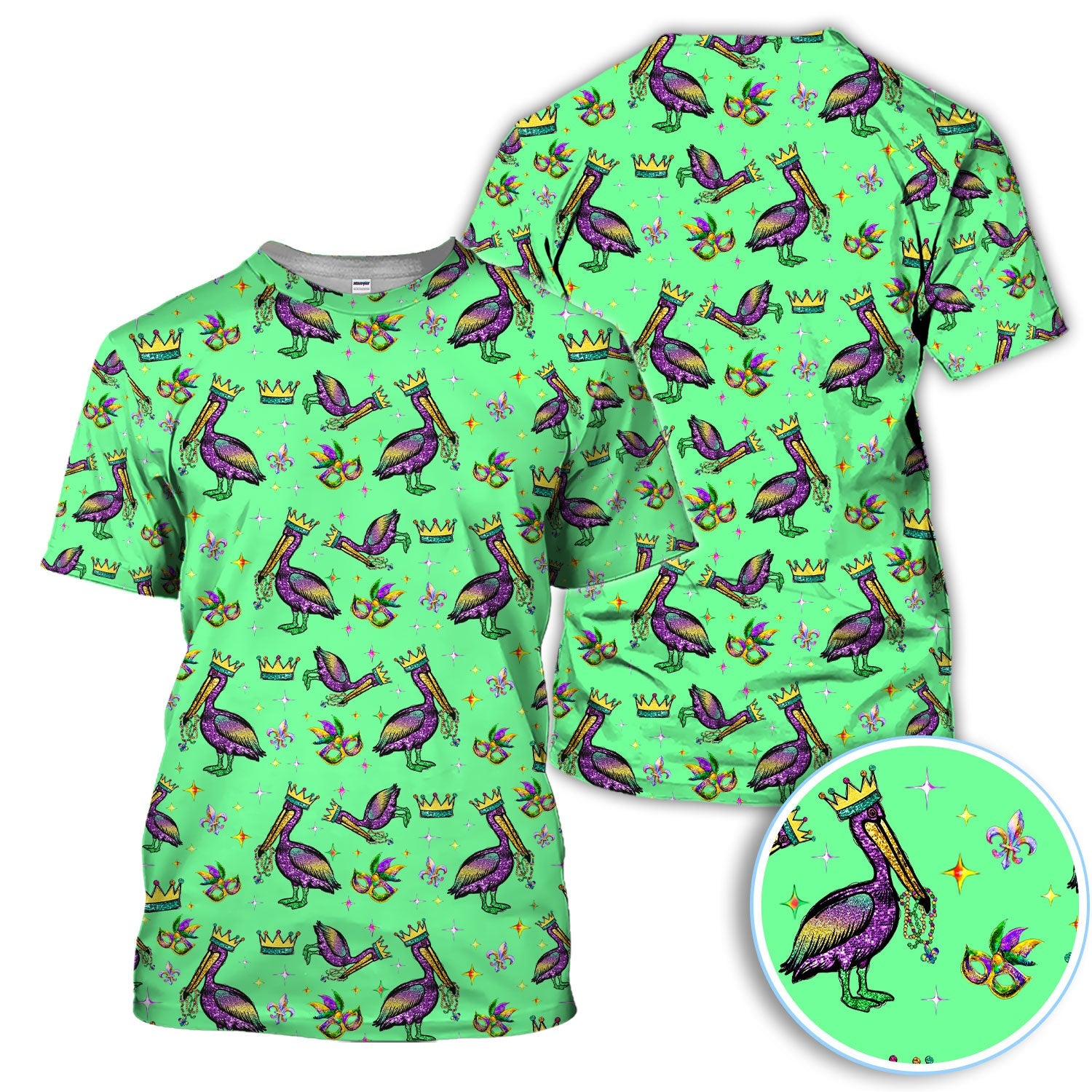 Mardi Gras Pelican Pattern Golf Polos, Funny Pelican Golf Shirt For Men, Crazy Golf Gift For Golfer