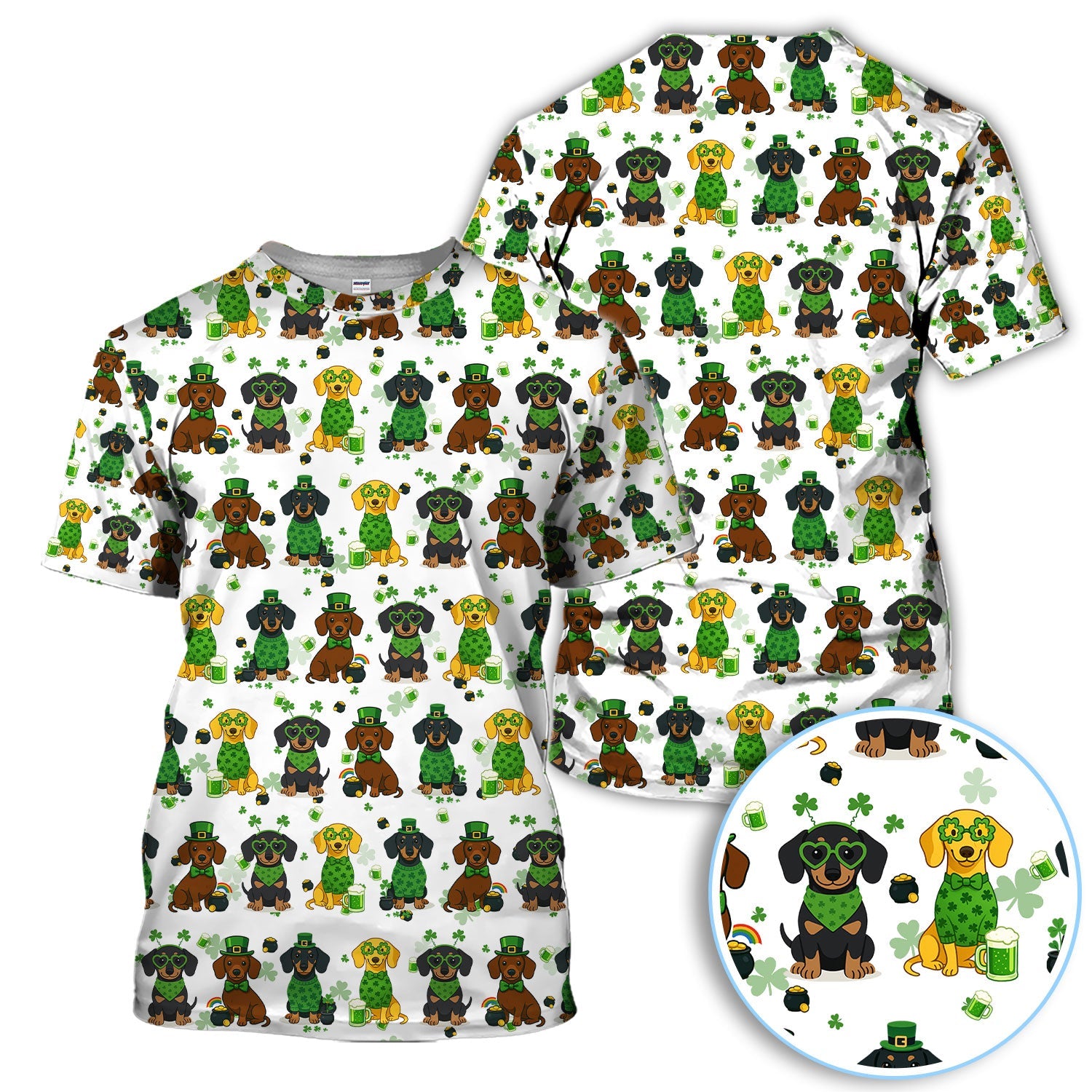 St. Patrick’s Day Dachshund Dog Pattern Golf Shirt, Funny Shamrock Dog Golf Polos For Men, Golf Gift For Golfer
