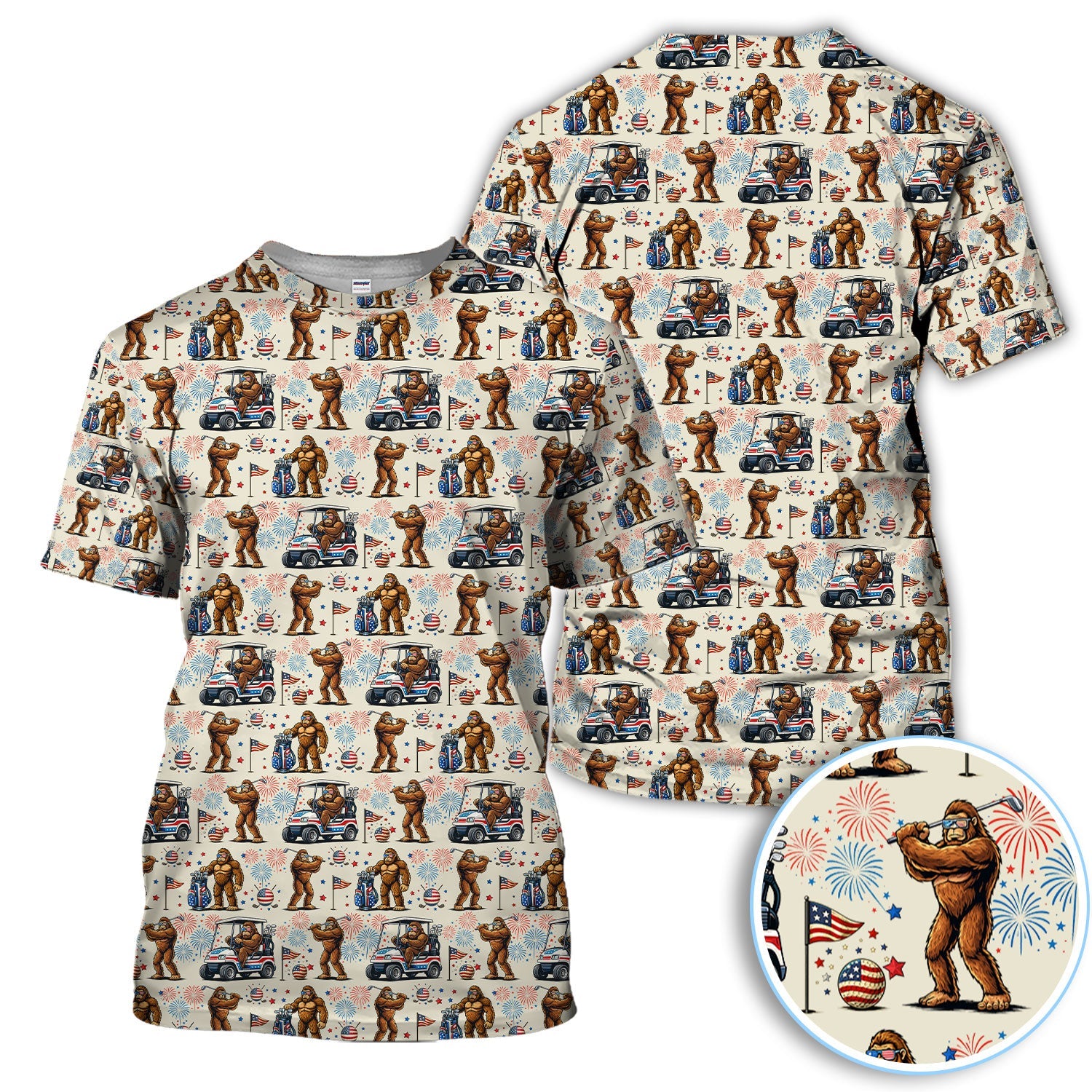 Funny Bigfoot Golf Polos For Golfer, Sasquatch Patriotic USA Pattern Golf Shirt, Golf Gift For Men