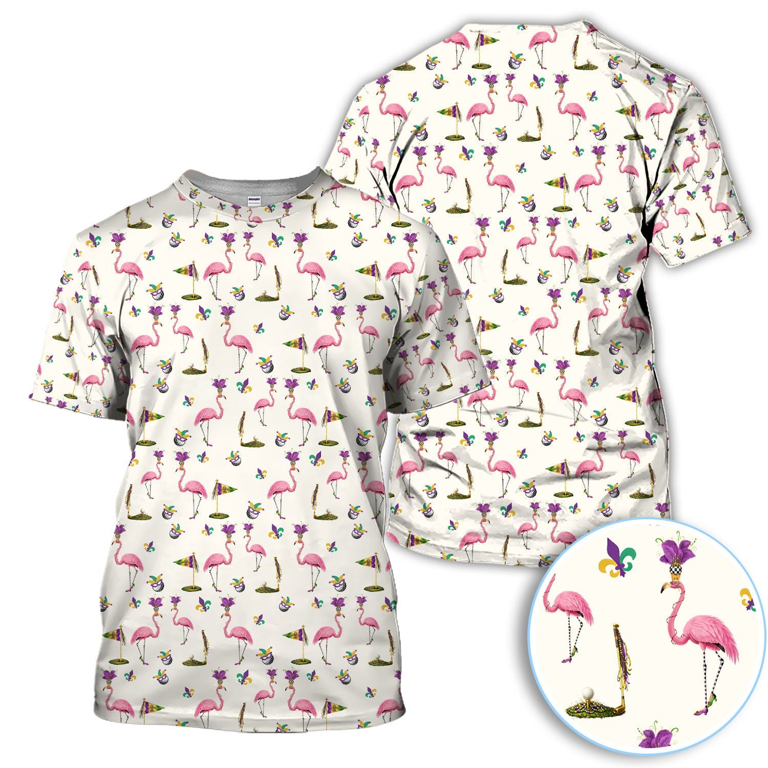 Flamingo Mardi Gras Golf Polos For Golfer, Funny Holiday Pattern Golf Shirt, Golf Gift For Men