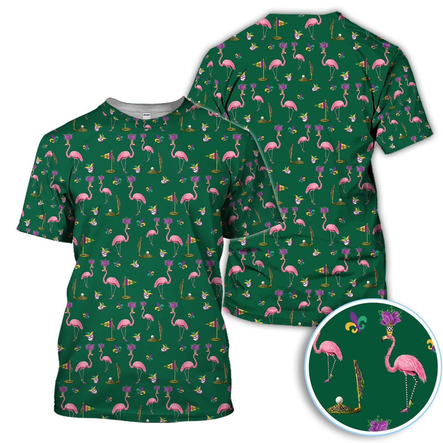 Flamingo Mardi Gras Golf Polos For Golfer, Funny Holiday Pattern Golf Shirt, Golf Gift For Men