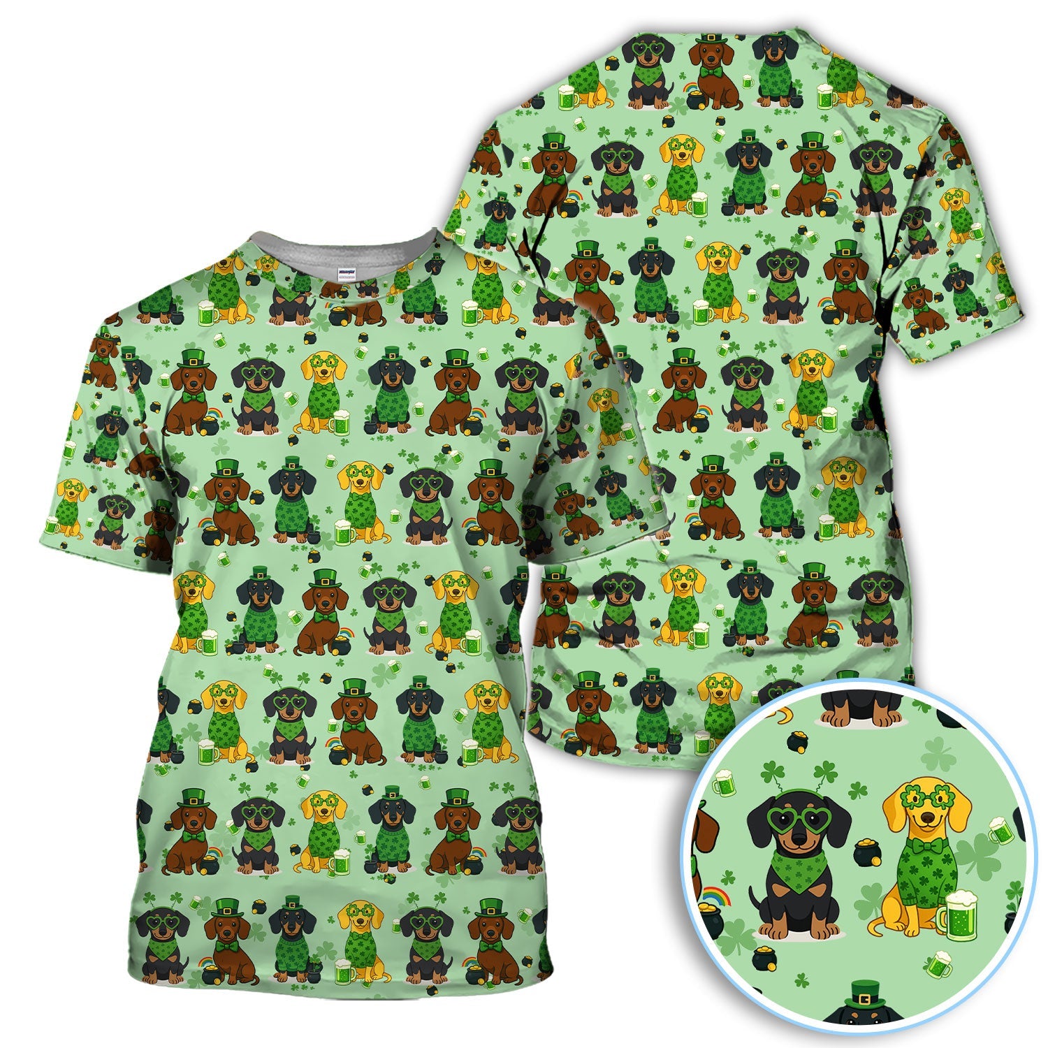 St. Patrick’s Day Dachshund Dog Pattern Golf Shirt, Funny Shamrock Dog Golf Polos For Men, Golf Gift For Golfer