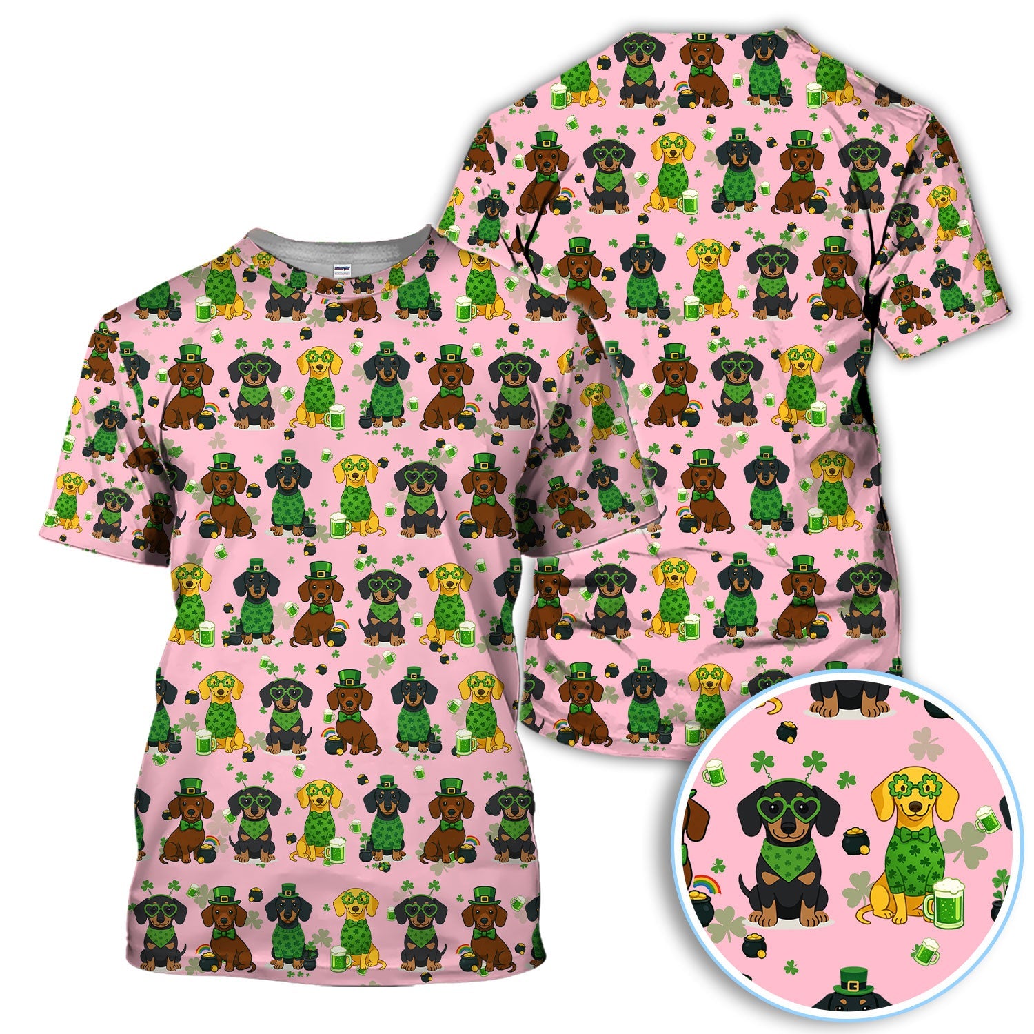 St. Patrick’s Day Dachshund Dog Pattern Golf Shirt, Funny Shamrock Dog Golf Polos For Men, Golf Gift For Golfer