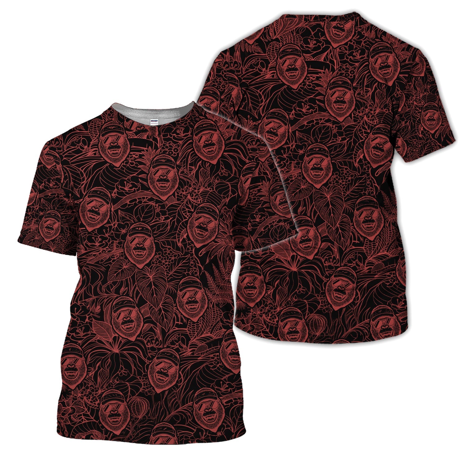Bigfoot Red Neon Outline Polo Shirt For Men, Sasquatch Face All Over Print, Dark Cryptid Pattern Casual Golf Shirt
