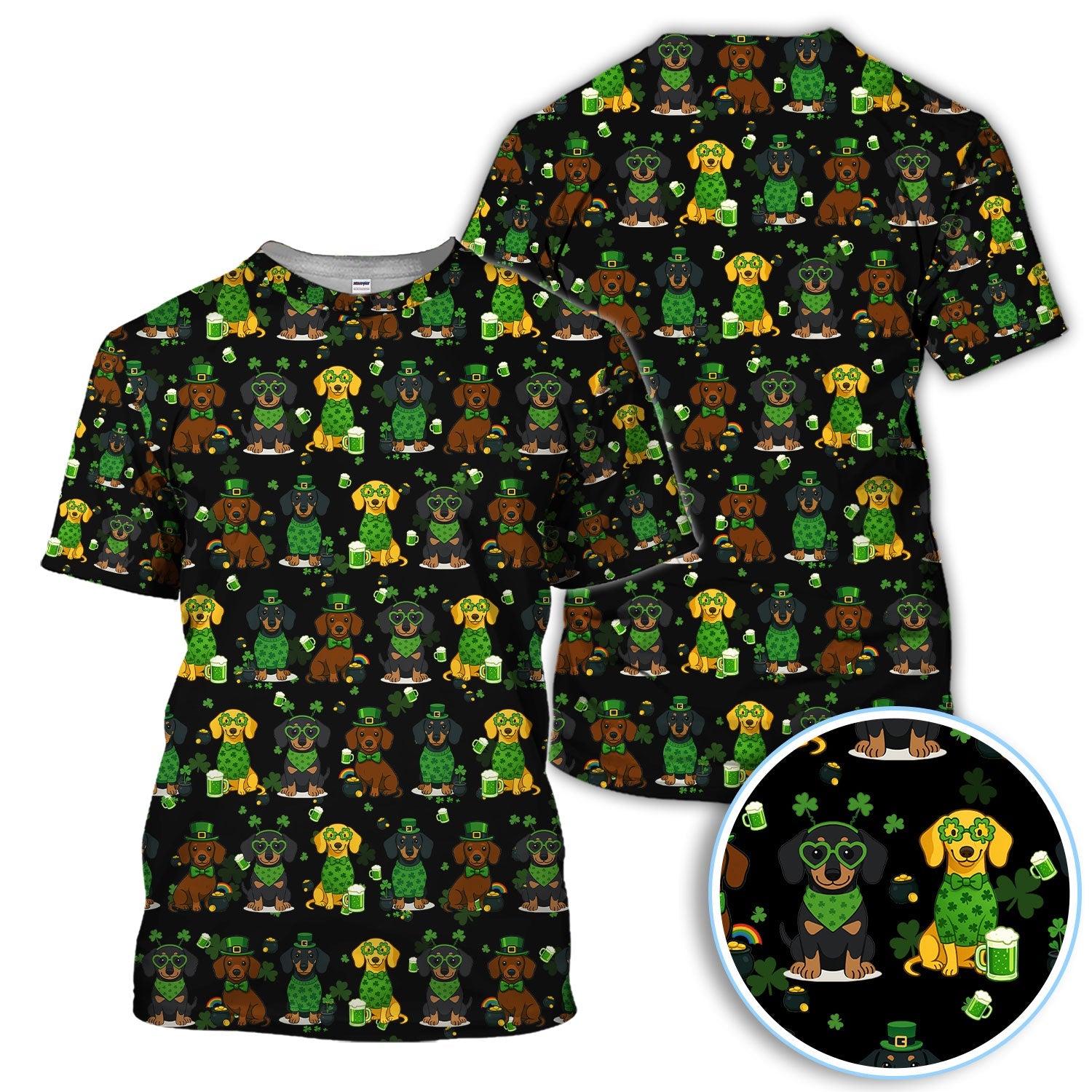 St. Patrick’s Day Dachshund Dog Pattern Golf Shirt, Funny Shamrock Dog Golf Polos For Men, Golf Gift For Golfer