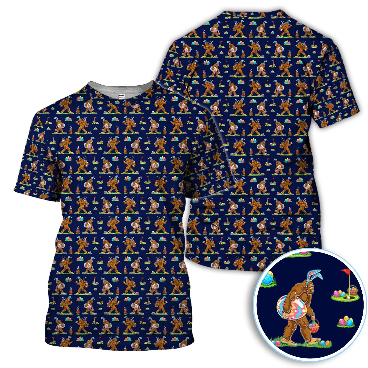 Bigfoot Easter Pattern Golf Polos, Bunny Sasquatch Golf Shirt For Men, Easter Day Shirt For Golfer