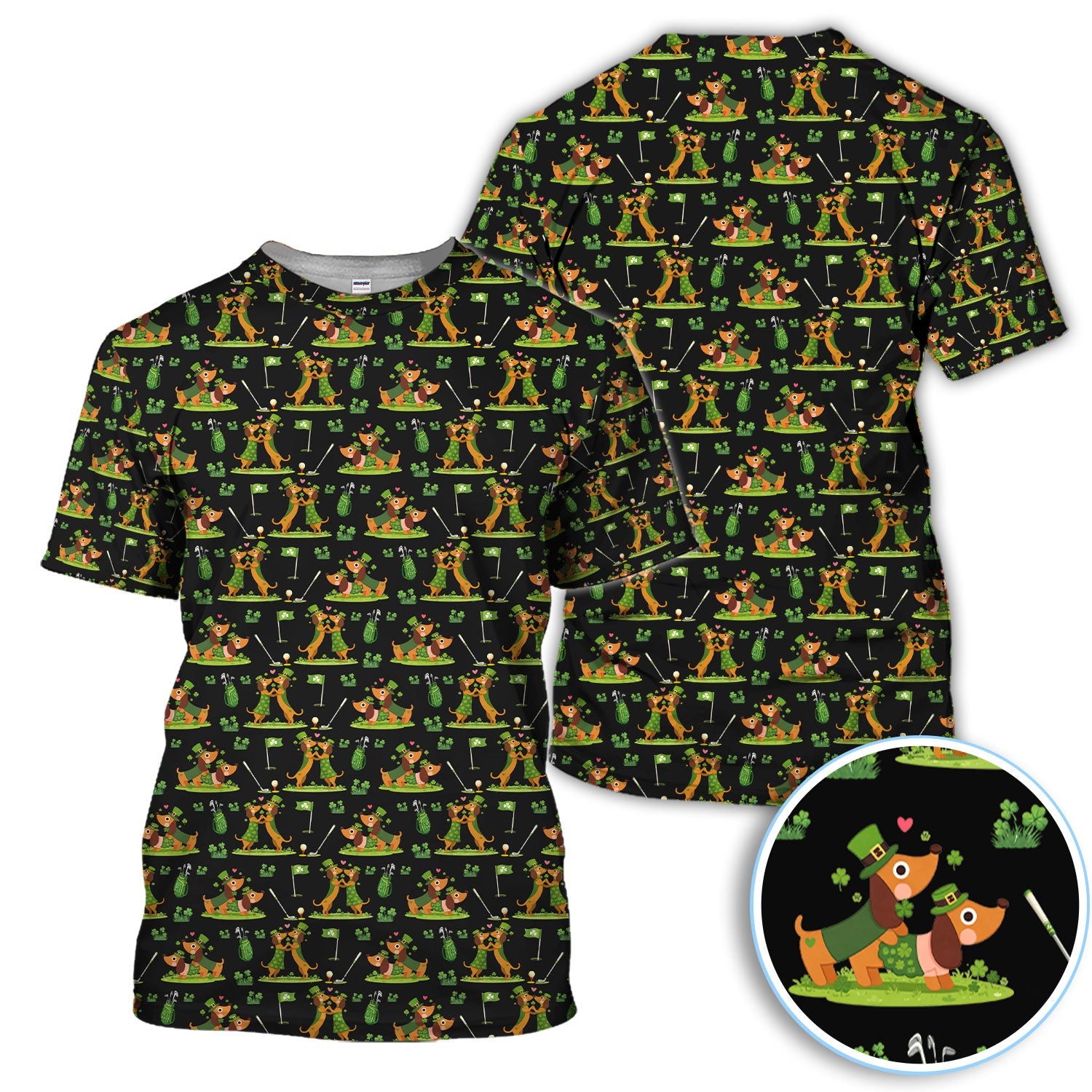 Cute Dachshund St Patrick Pattern Golf Shirt, Wiener Dog Golf Shirt, Golf Gift For Men