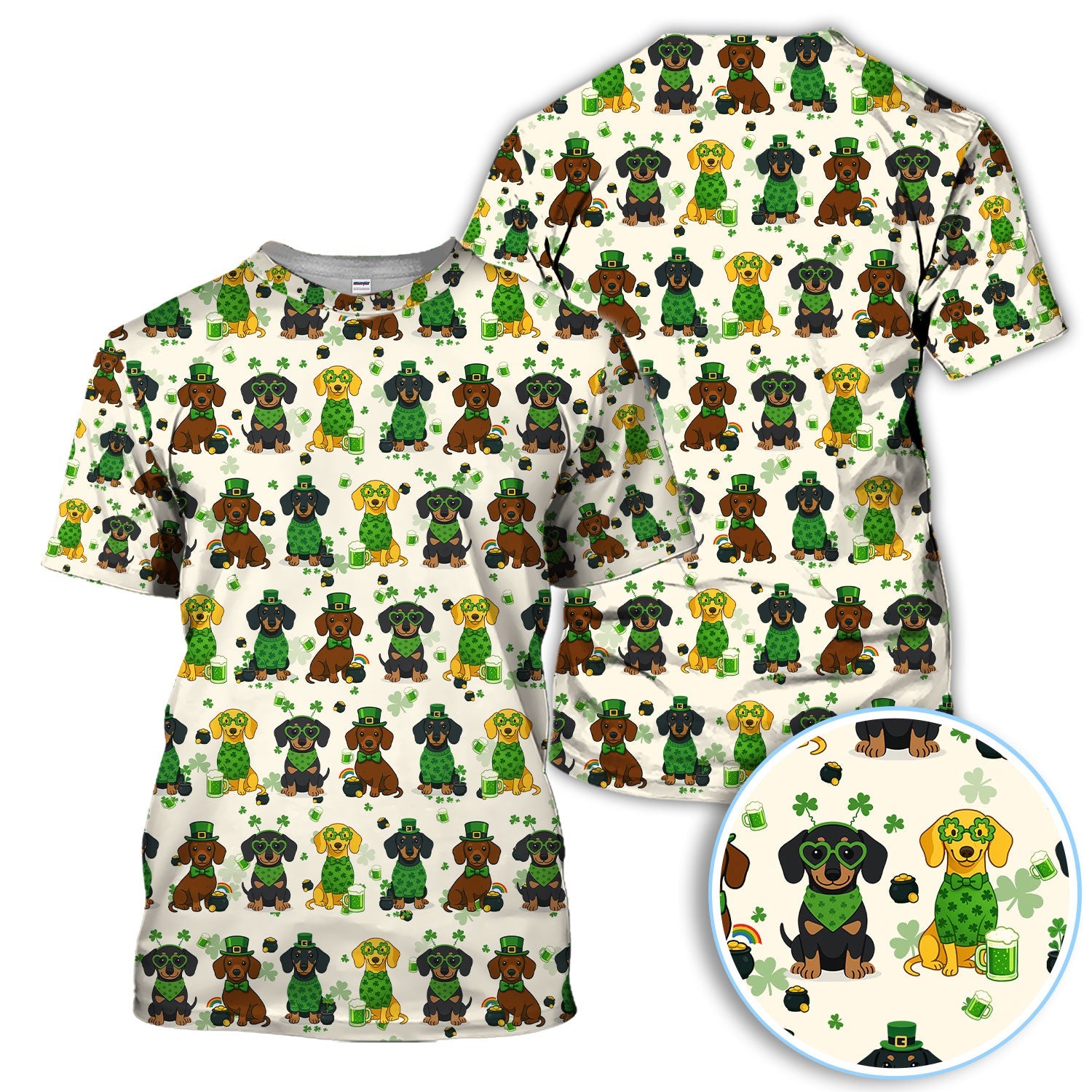 St. Patrick’s Day Dachshund Dog Pattern Golf Shirt, Funny Shamrock Dog Golf Polos For Men, Golf Gift For Golfer
