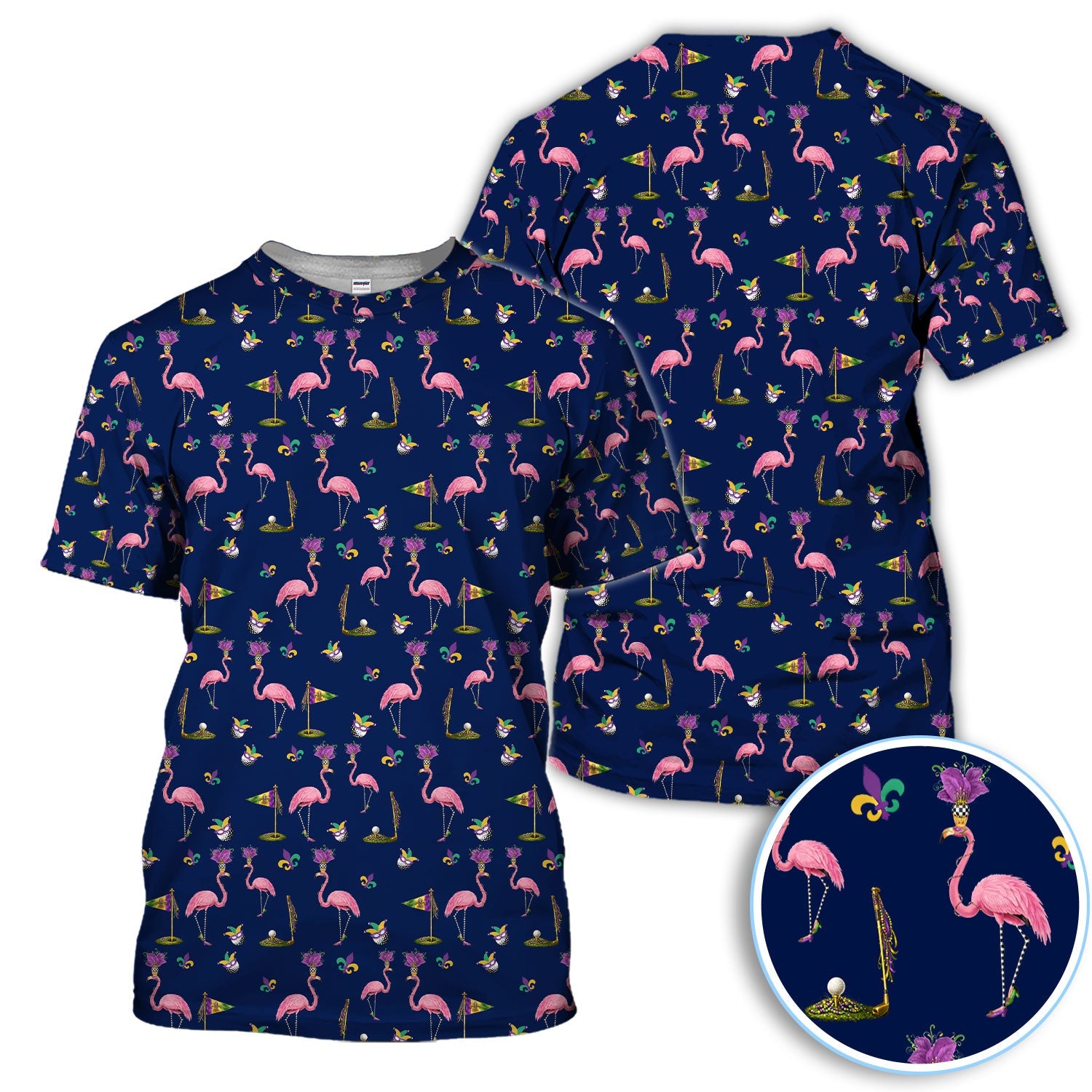 Flamingo Mardi Gras Golf Polos For Golfer, Funny Holiday Pattern Golf Shirt, Golf Gift For Men