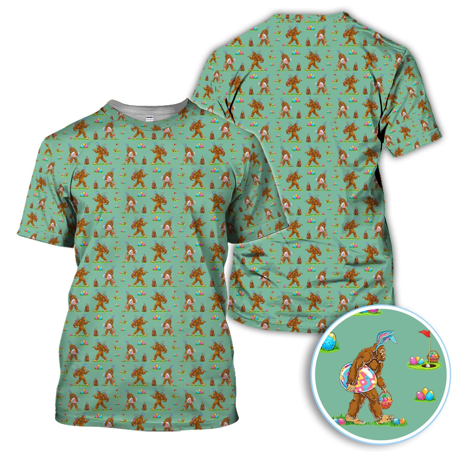 Bigfoot Easter Pattern Golf Polos, Bunny Sasquatch Golf Shirt For Men, Easter Day Shirt For Golfer