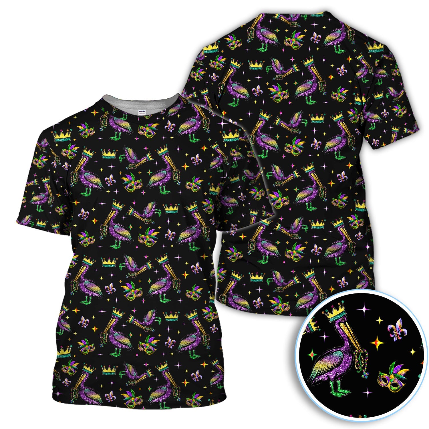 Mardi Gras Pelican Pattern Golf Polos, Funny Pelican Golf Shirt For Men, Crazy Golf Gift For Golfer