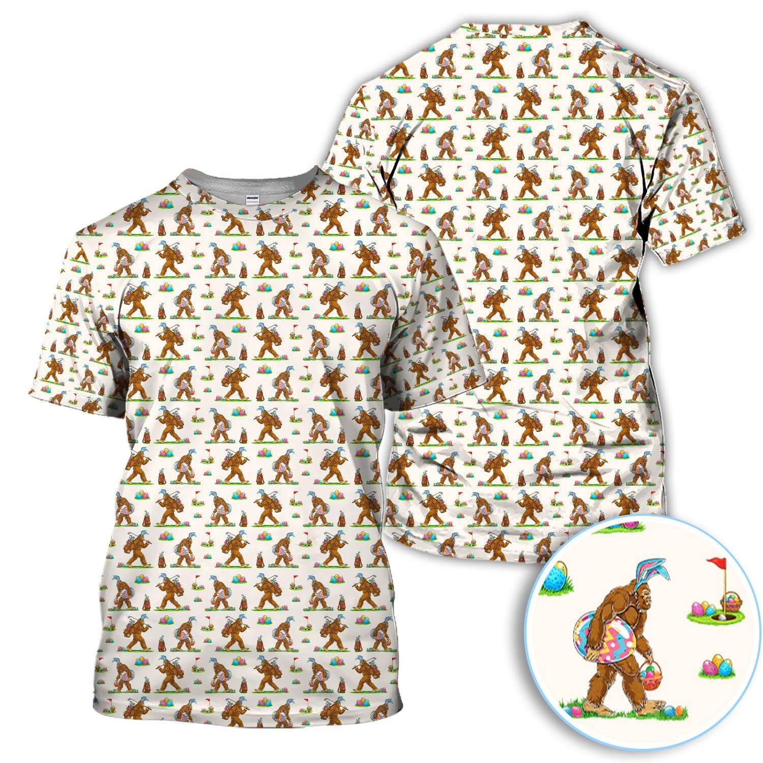 Bigfoot Easter Pattern Golf Polos, Bunny Sasquatch Golf Shirt For Men, Easter Day Shirt For Golfer