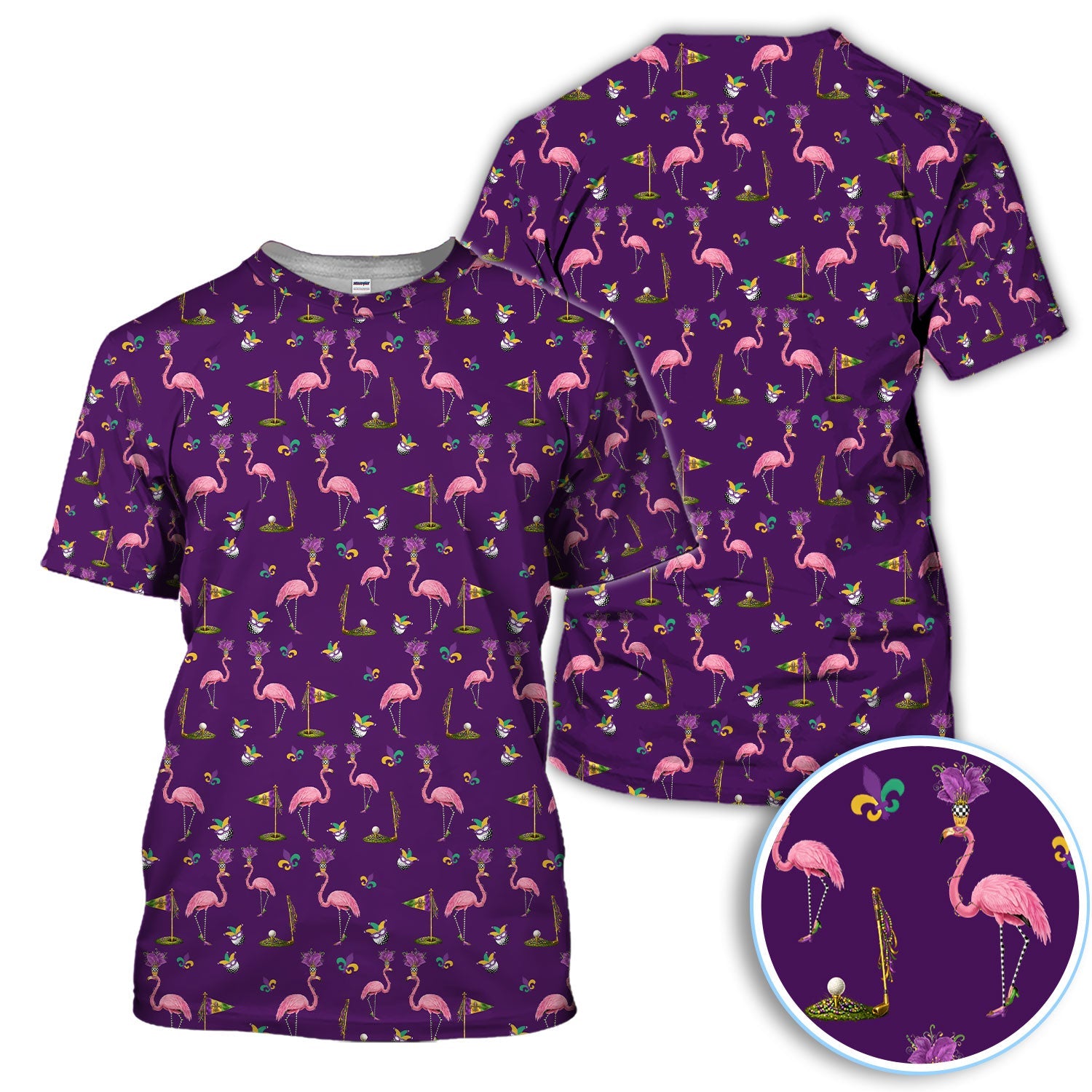 Flamingo Mardi Gras Golf Polos For Golfer, Funny Holiday Pattern Golf Shirt, Golf Gift For Men