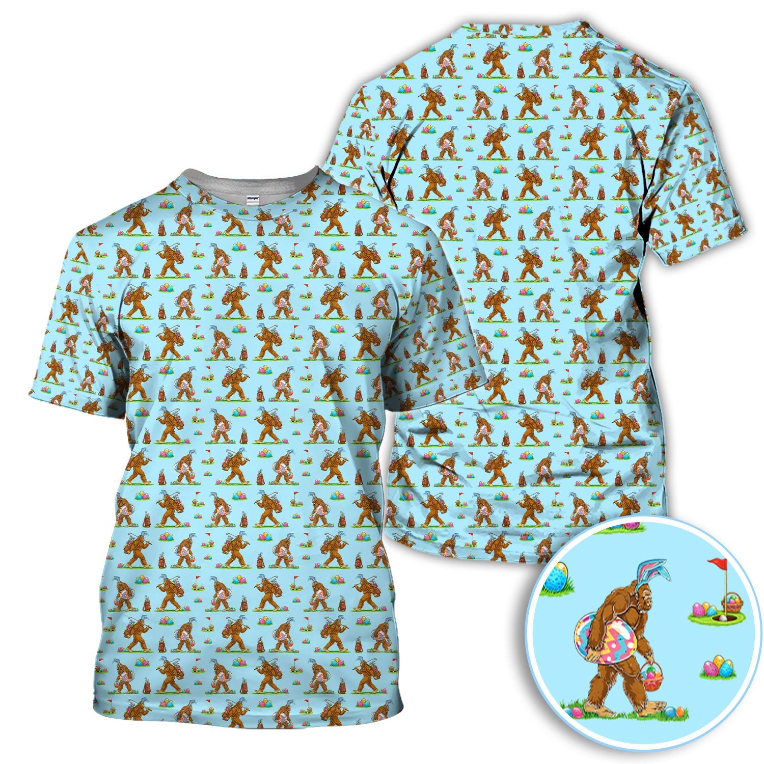Bigfoot Easter Pattern Golf Polos, Bunny Sasquatch Golf Shirt For Men, Easter Day Shirt For Golfer