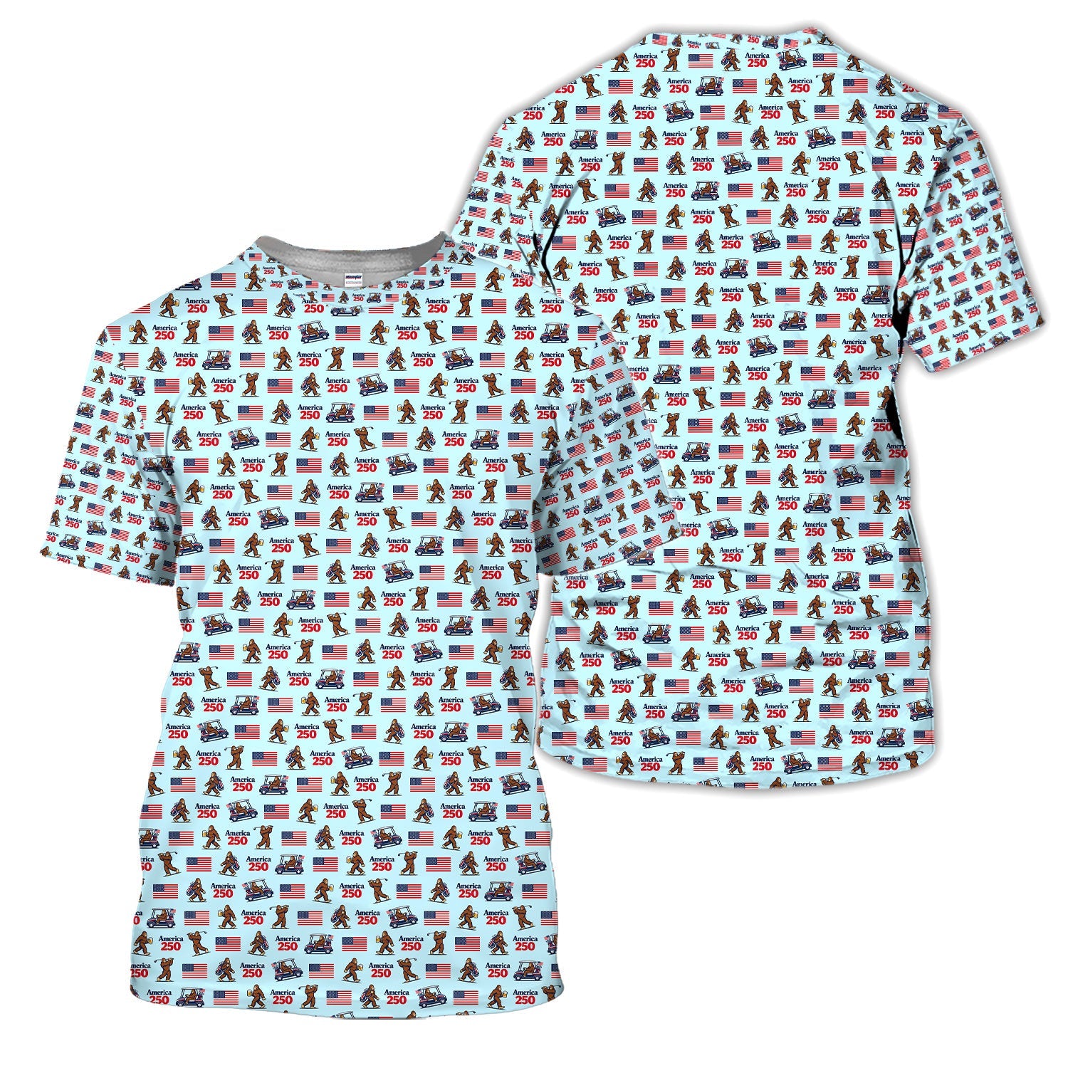 Bigfoot America 250 Pattern Golf Polos, Crazy Bigfoot Golf Shirt For Men, Funny Golf Shirt